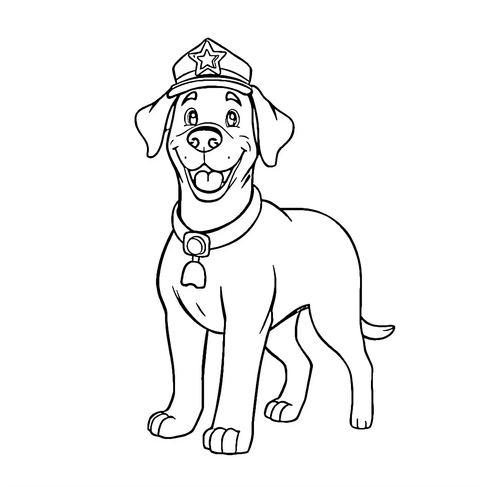 Sheriff Labrador Stands Proud and Ready Coloring Page (free black-and-white line drawing printable PDF for all, from beginners to advanced learners, including children, teens, adults, and seniors)