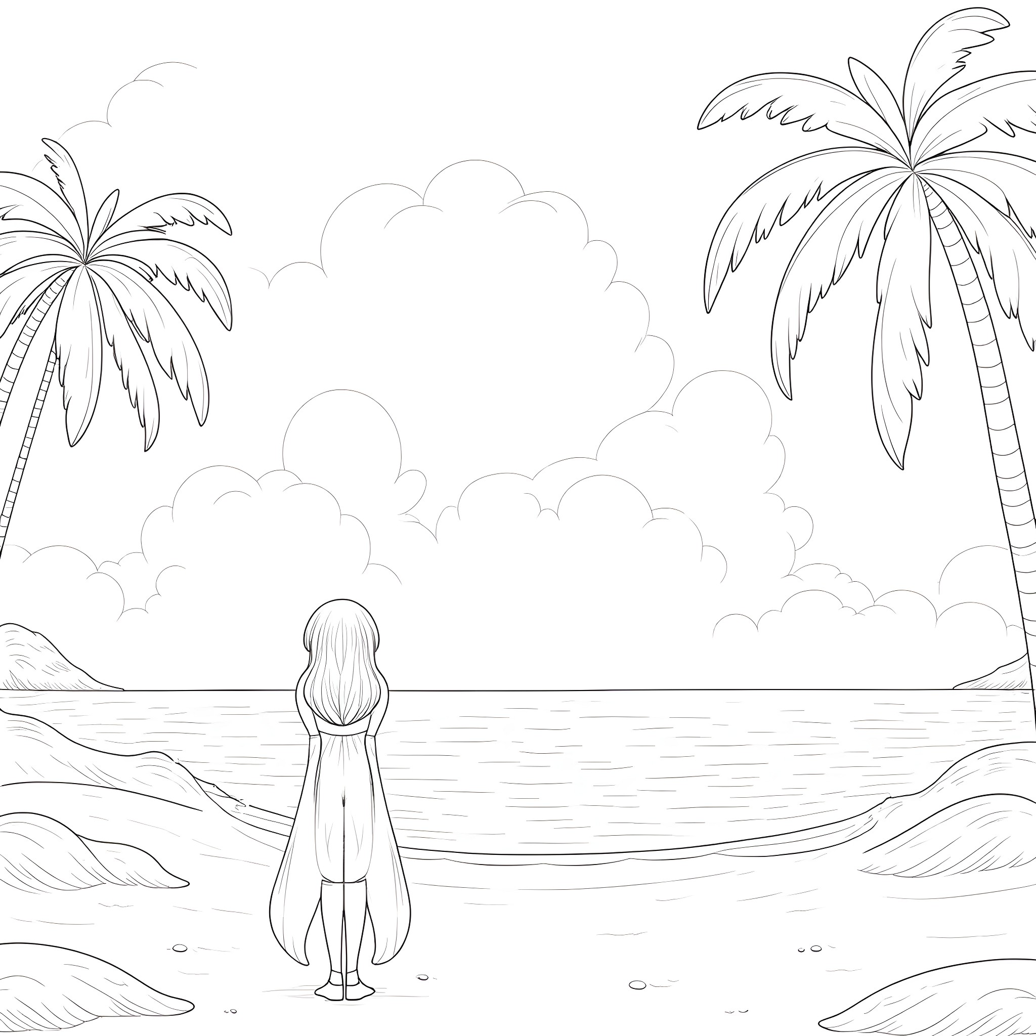 Ghost In The Shell - Serene Solitude on the Beach Coloring Page (free black-and-white line drawing printable PDF for all, from beginners to advanced learners, including children, teens, adults, and seniors)