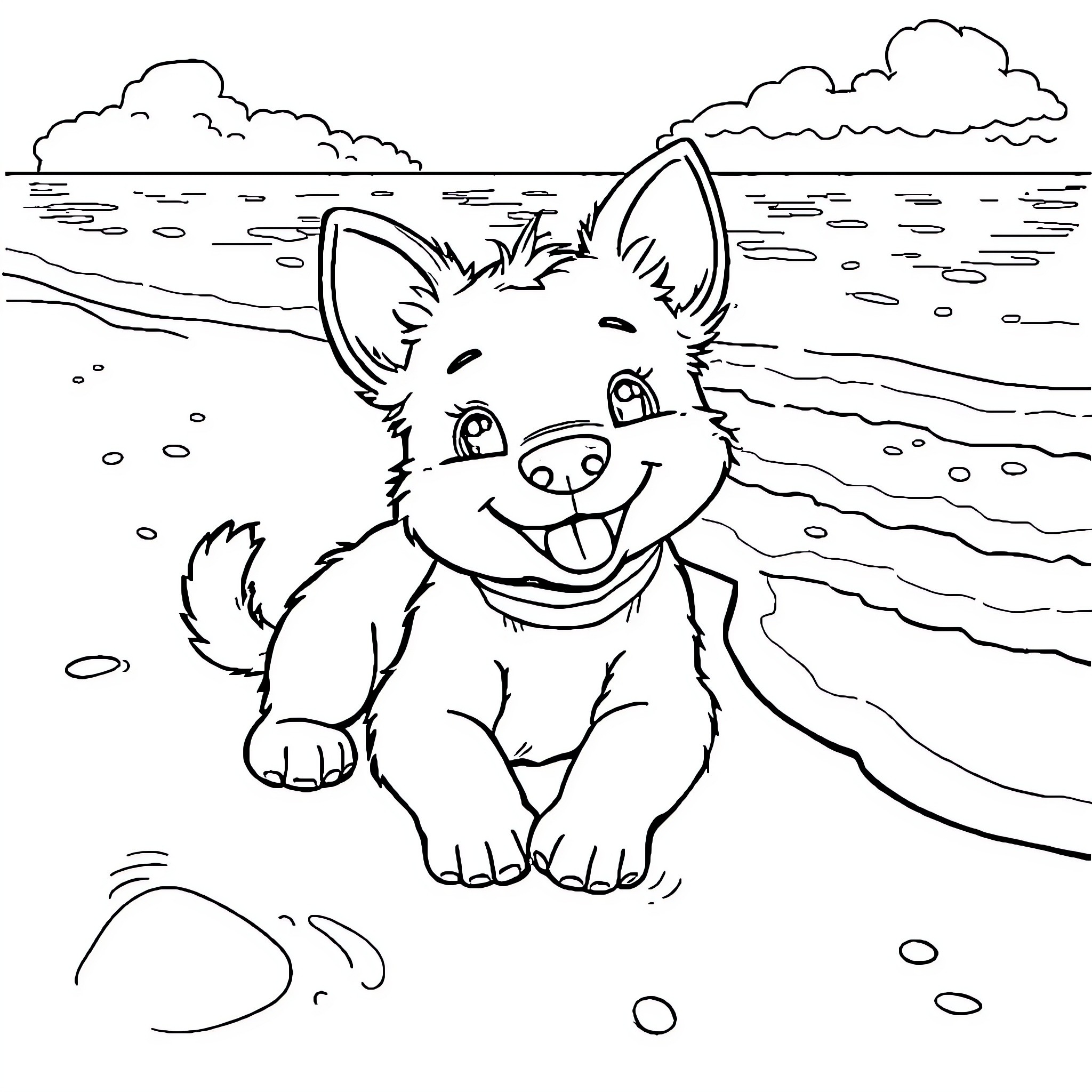 Bluey enjoying a day at the beach Coloring Page (free black-and-white line drawing printable PDF for all, from beginners to advanced learners, including children, teens, adults, and seniors)