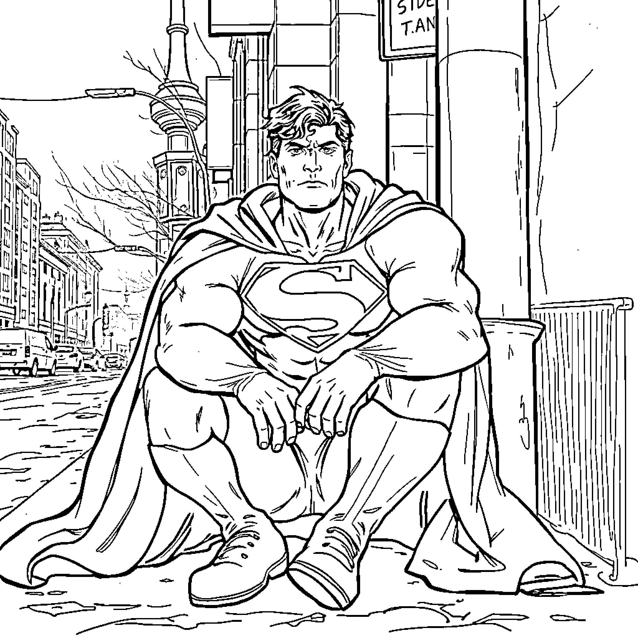 Superman contemplating his role in the city Coloring Page (free black-and-white line drawing printable PDF for all, from beginners to advanced learners, including children, teens, adults, and seniors)