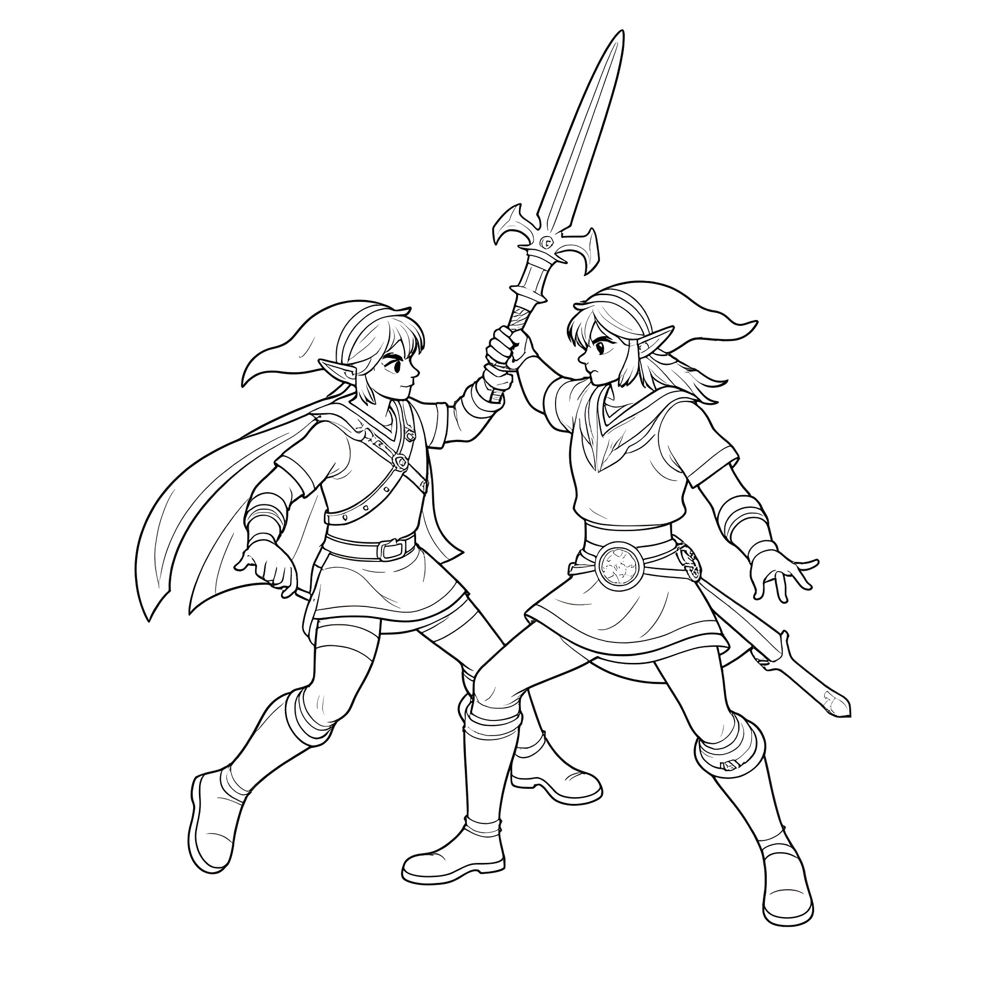 Link - Two Heroic Adventurers Battling Coloring Page (free black-and-white line drawing printable PDF for all, from beginners to advanced learners, including children, teens, adults, and seniors)
