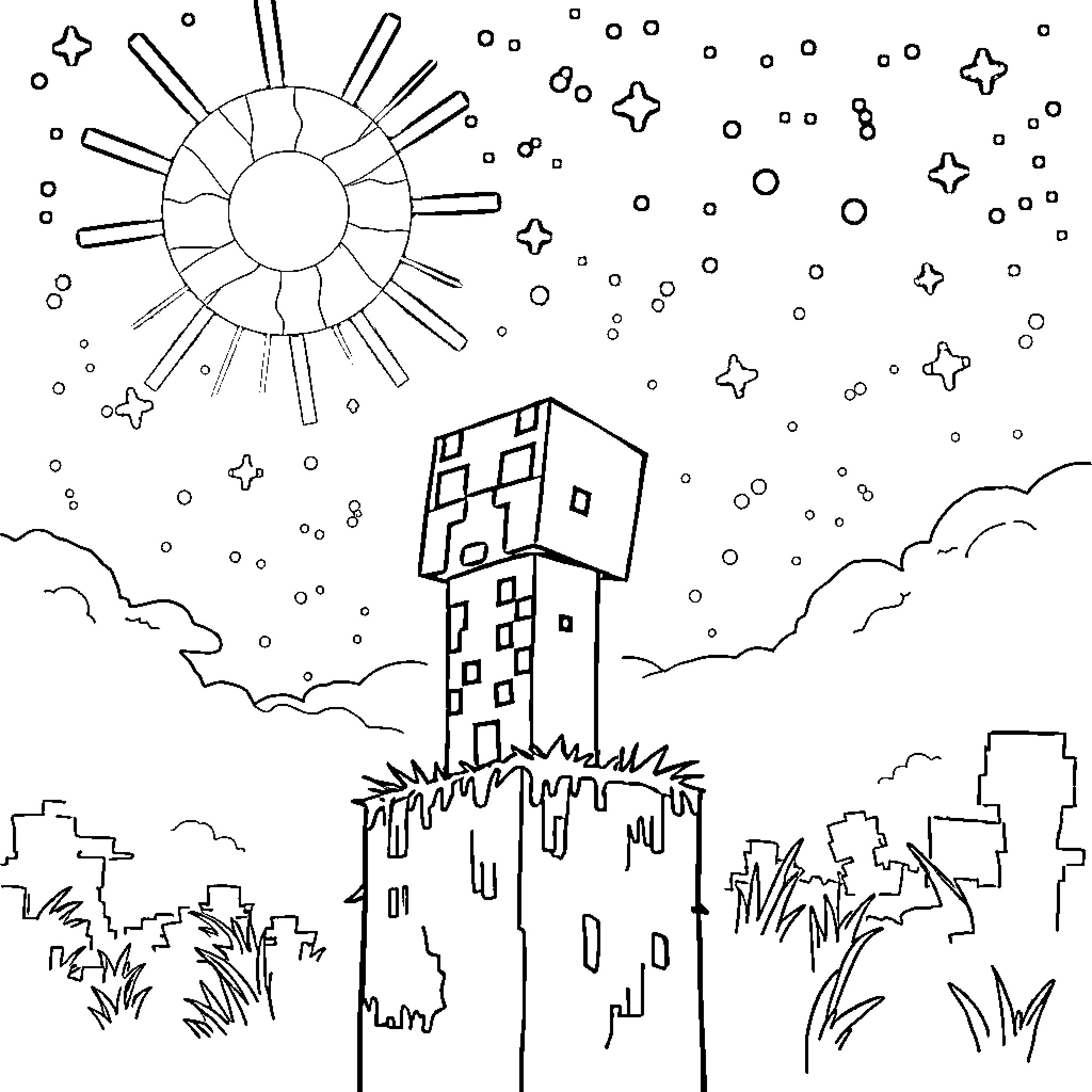 Creeper stalks abandoned skyscraper at night Coloring Page (free black-and-white line drawing printable PDF for all, from beginners to advanced learners, including children, teens, adults, and seniors)