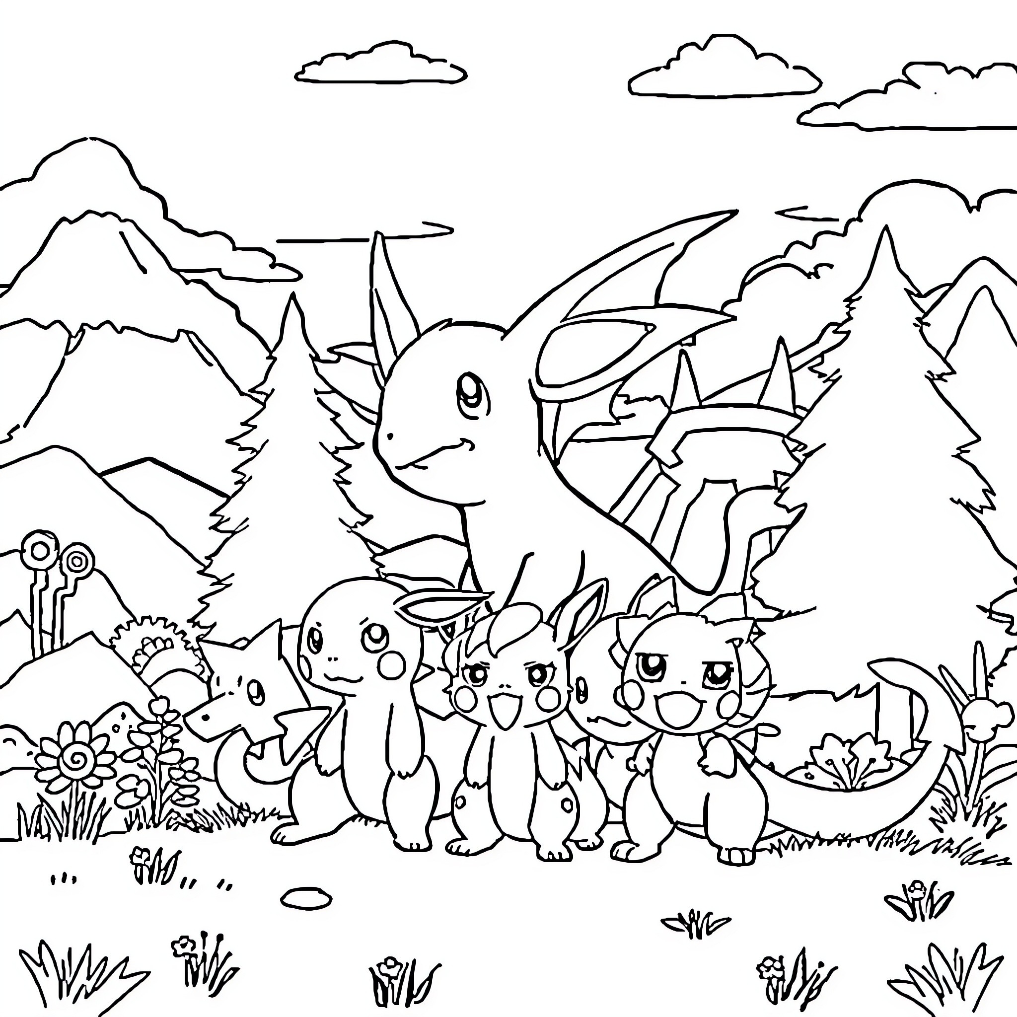 Pokémon gathering in a natural setting Coloring Page (free black-and-white line drawing printable PDF for all, from beginners to advanced learners, including children, teens, adults, and seniors)
