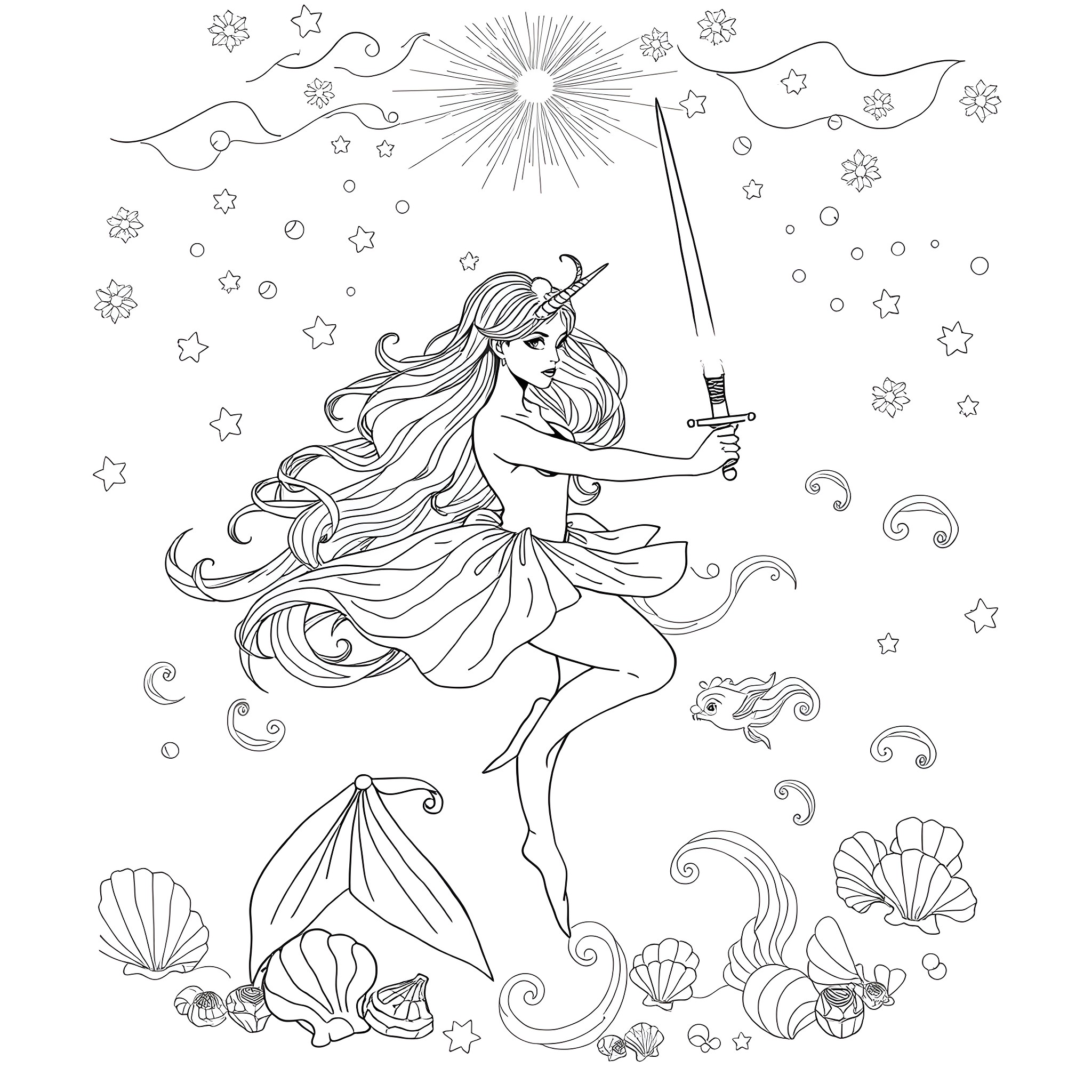 Mermaid riding a magical shooting star in the night sky Coloring Page (free black-and-white line drawing printable PDF for all, from beginners to advanced learners, including children, teens, adults, and seniors)