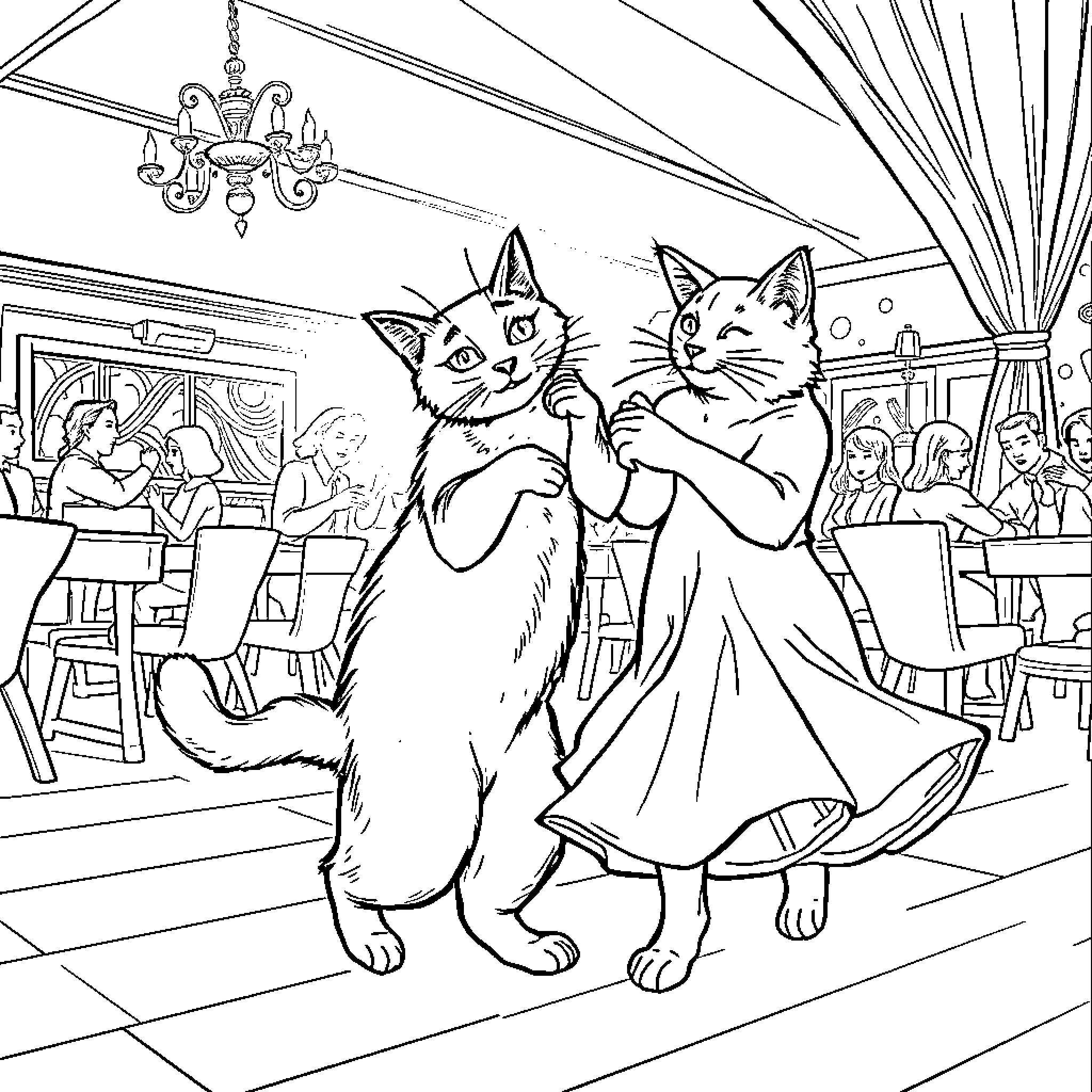 Cats Dancing at a Formal Event Coloring Page (free black-and-white line drawing printable PDF for all, from beginners to advanced learners, including children, teens, adults, and seniors)