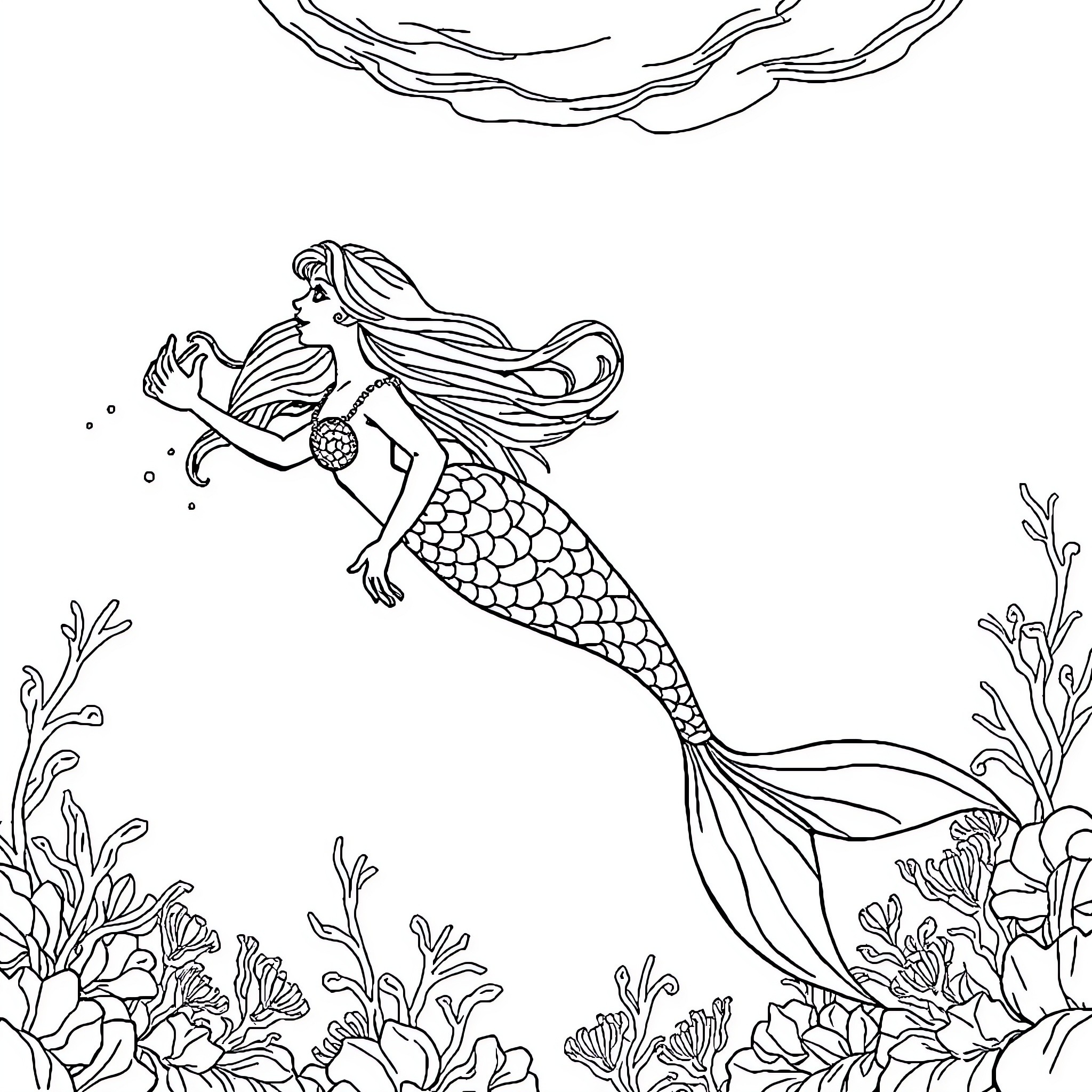 Mermaid swimming gracefully through the underwater seascape Coloring Page (free black-and-white line drawing printable PDF for all, from beginners to advanced learners, including children, teens, adults, and seniors)