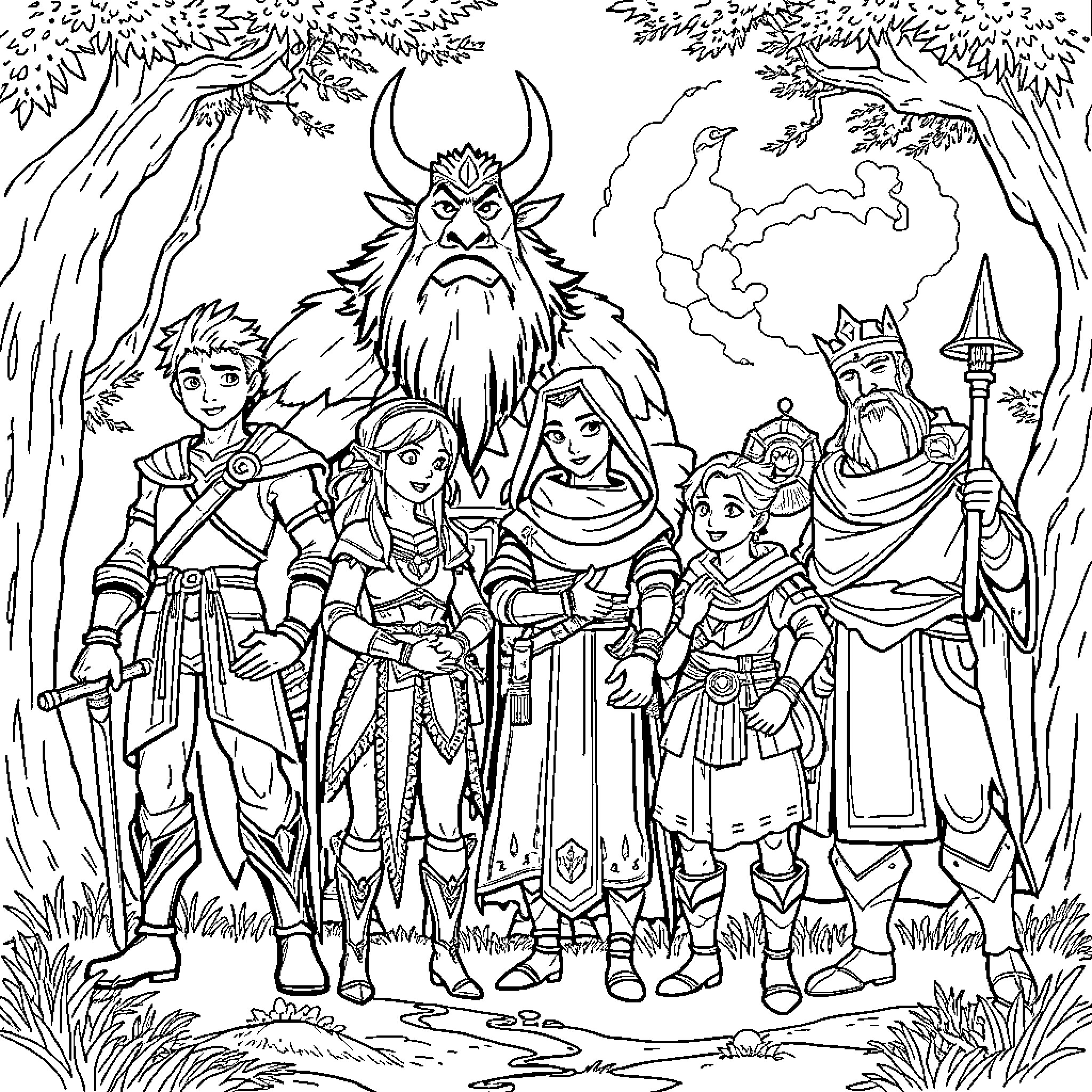 Character group portrait in fantasy adventure scene Coloring Page (free black-and-white line drawing printable PDF for all, from beginners to advanced learners, including children, teens, adults, and seniors)