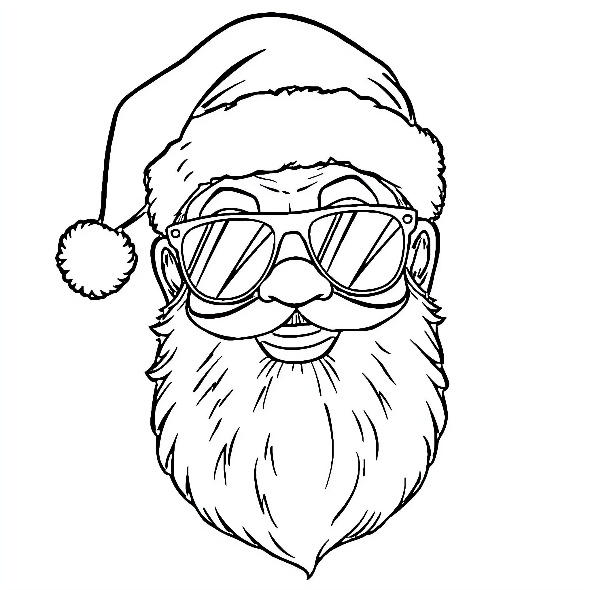 Santa in stylish sunglasses with long beard Coloring Page (free black-and-white line drawing printable PDF for all, from beginners to advanced learners, including children, teens, adults, and seniors)