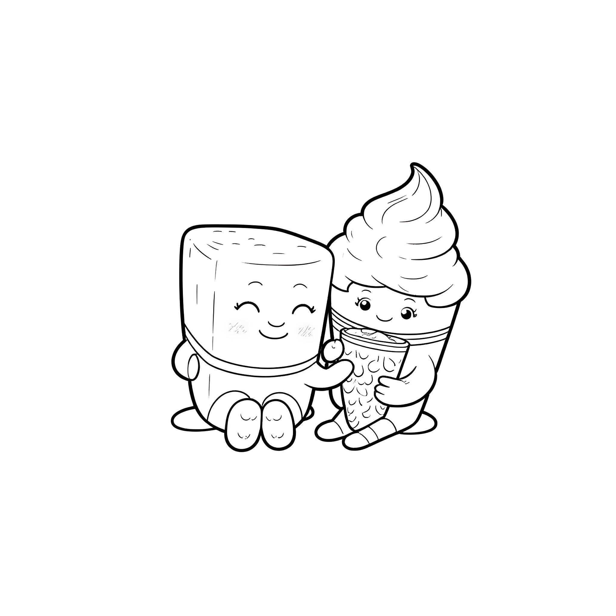 Engaging Desserts Bonding Happily Coloring Page (free black-and-white line drawing printable PDF for all, from beginners to advanced learners, including children, teens, adults, and seniors)