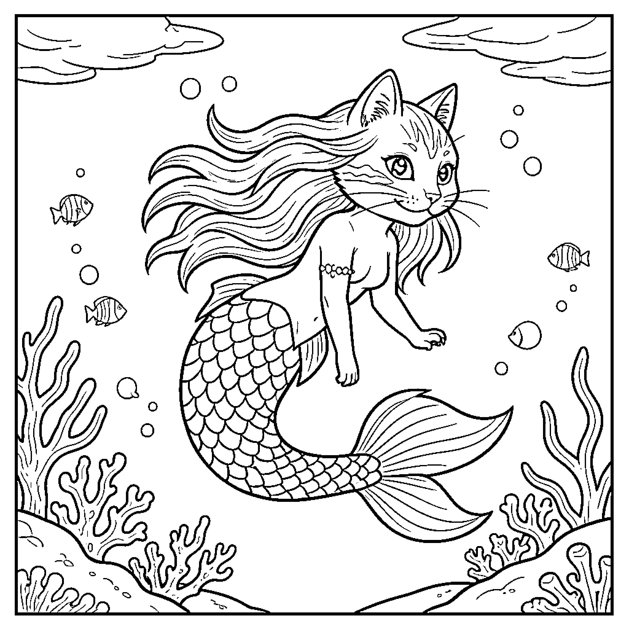 Cat Mermaid Exploring the Underwater World Coloring Page (free black-and-white line drawing printable PDF for all, from beginners to advanced learners, including children, teens, adults, and seniors)