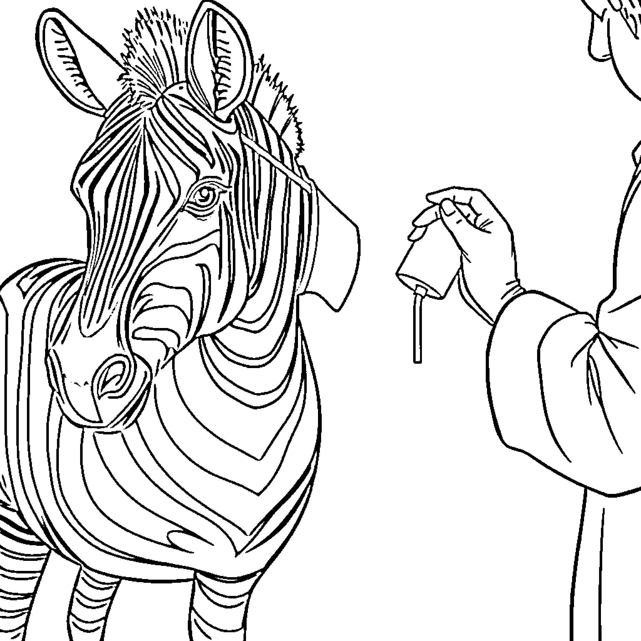Zebra being examined by a hand with a tool Coloring Page (free black-and-white line drawing printable PDF for all, from beginners to advanced learners, including children, teens, adults, and seniors)
