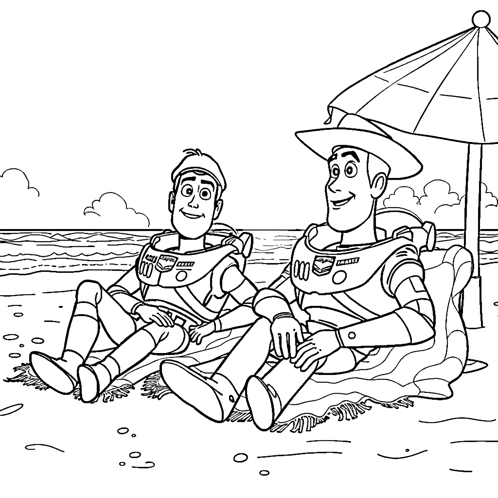 Toy Story Characters Relaxing on the Beach Coloring Page (free black-and-white line drawing printable PDF for all, from beginners to advanced learners, including children, teens, adults, and seniors)