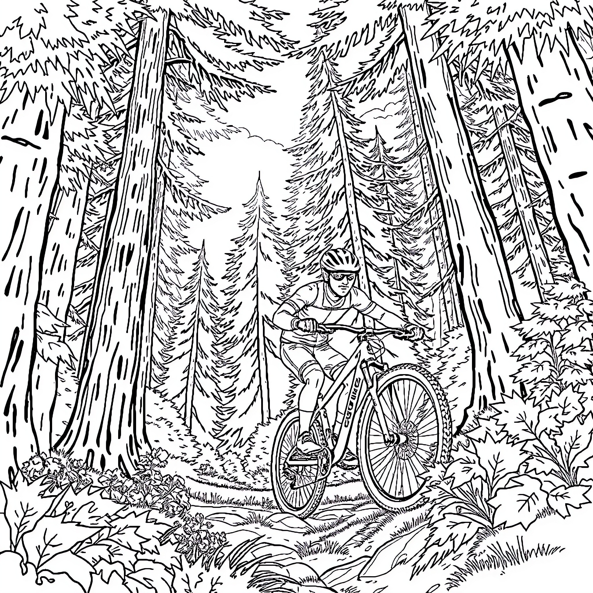 Mountain Biker Navigating Forested Trail Coloring Page (free black-and-white line drawing printable PDF for all, from beginners to advanced learners, including children, teens, adults, and seniors)