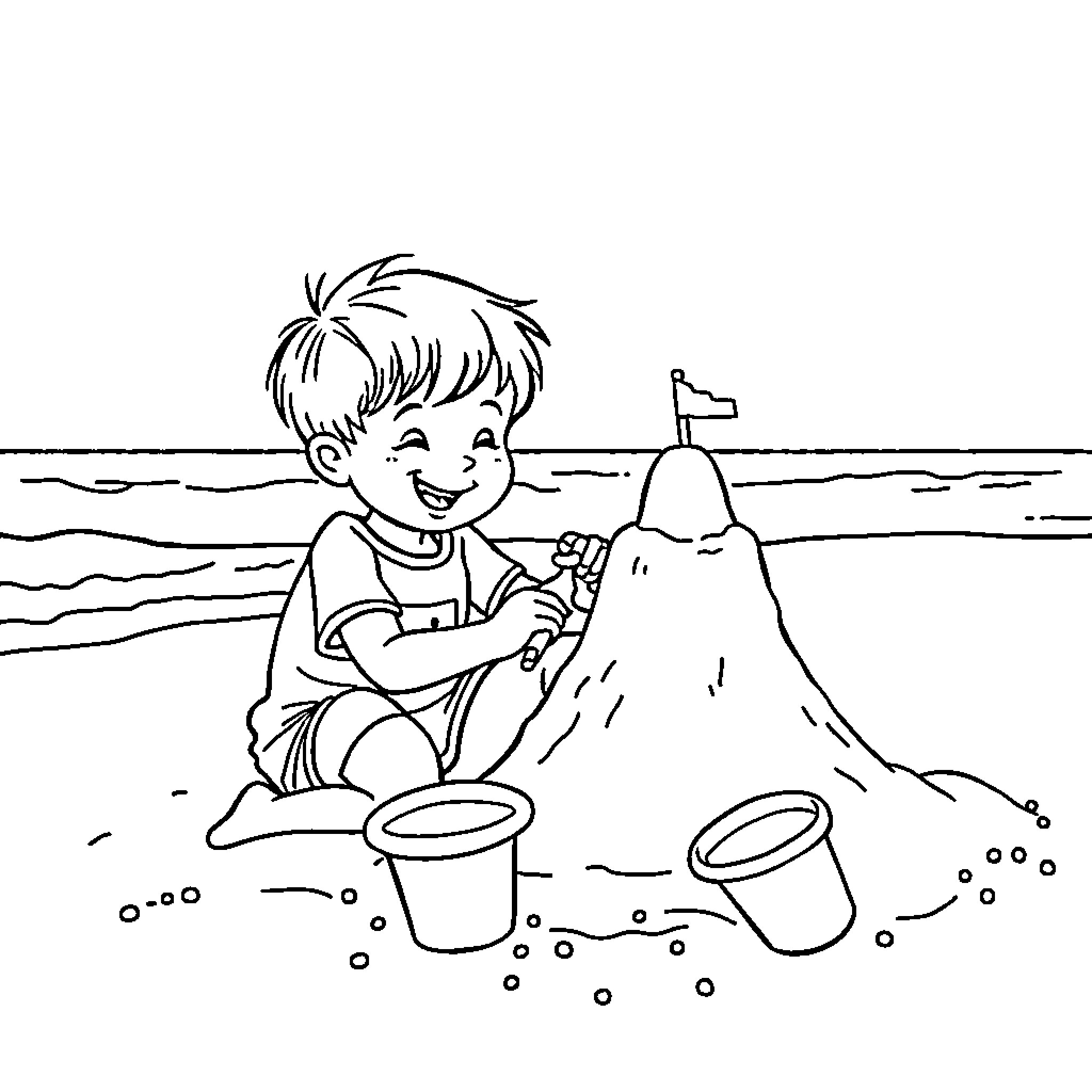 Child building a sandcastle at the beach Coloring Page (free black-and-white line drawing printable PDF for all, from beginners to advanced learners, including children, teens, adults, and seniors)
