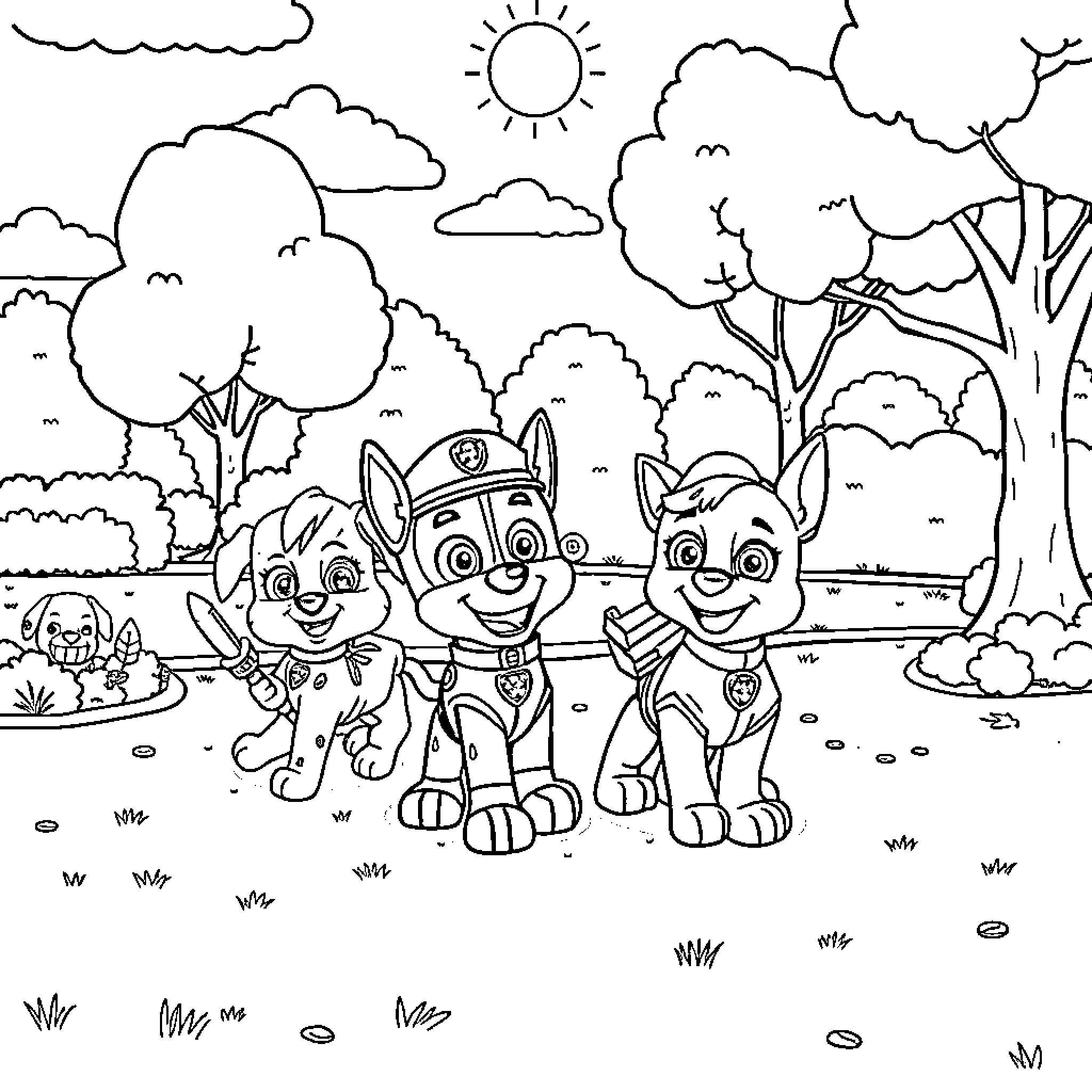 Paw Patrol characters exploring the forest landscape Coloring Page (free black-and-white line drawing printable PDF for all, from beginners to advanced learners, including children, teens, adults, and seniors)