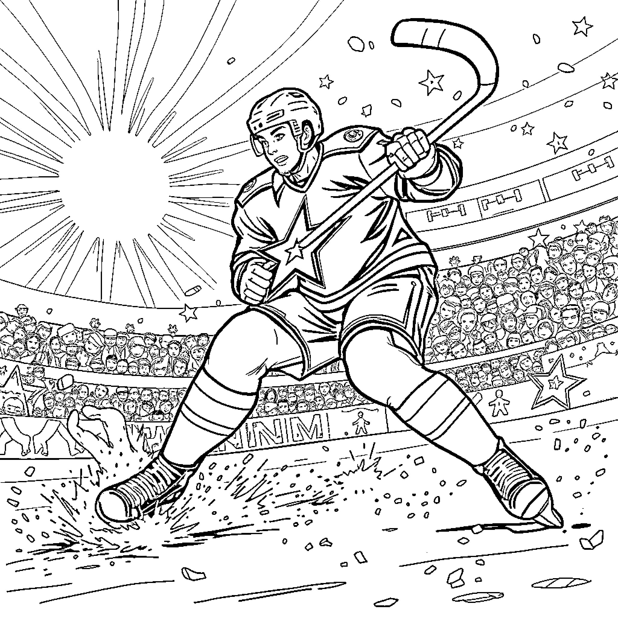 Hockey player in action on the ice rink Coloring Page (free black-and-white line drawing printable PDF for all, from beginners to advanced learners, including children, teens, adults, and seniors)