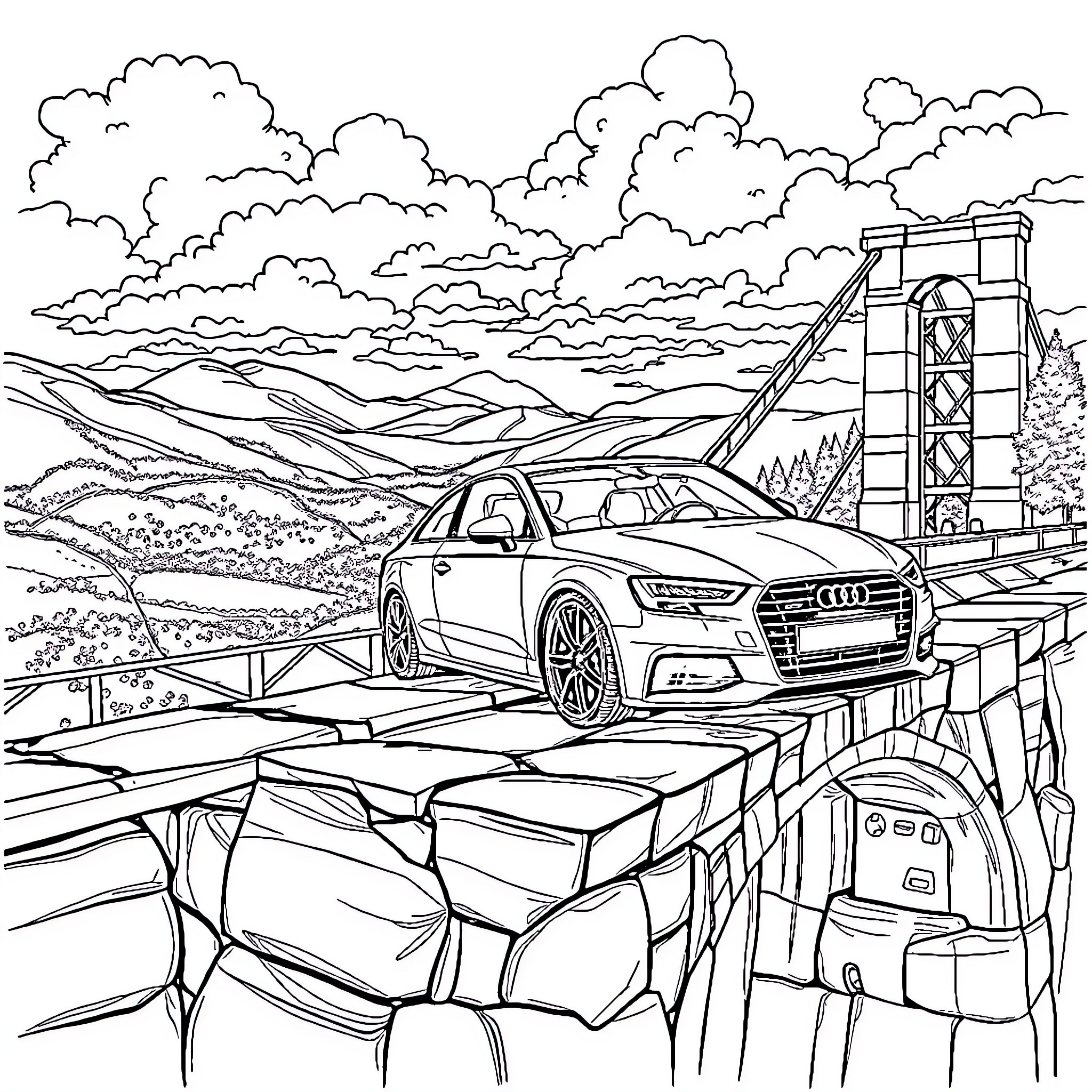 Audi A4 traversing a mountainous landscape Coloring Page (free black-and-white line drawing printable PDF for all, from beginners to advanced learners, including children, teens, adults, and seniors)