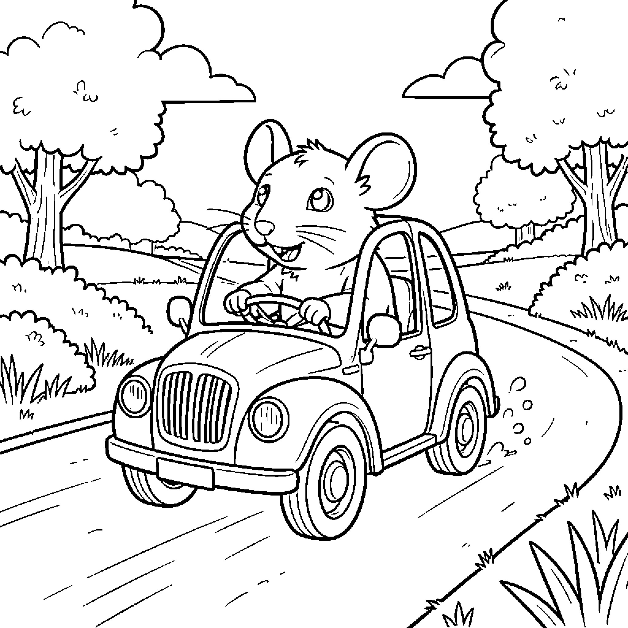Raccoon driving a small car down a winding road Coloring Page (free black-and-white line drawing printable PDF for all, from beginners to advanced learners, including children, teens, adults, and seniors)