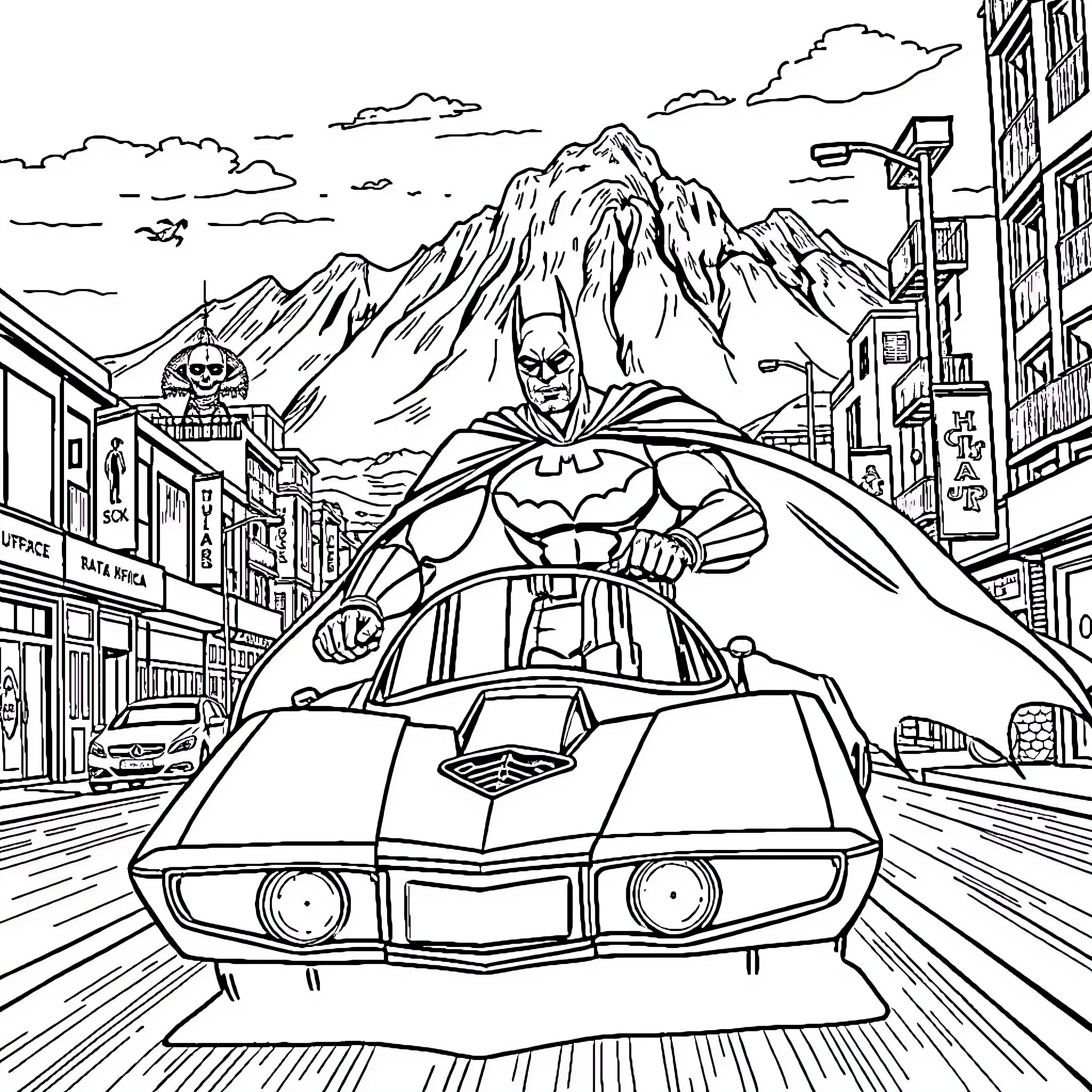 Batman Speeding Through the City in his Batmobile Coloring Page (free black-and-white line drawing printable PDF for all, from beginners to advanced learners, including children, teens, adults, and seniors)