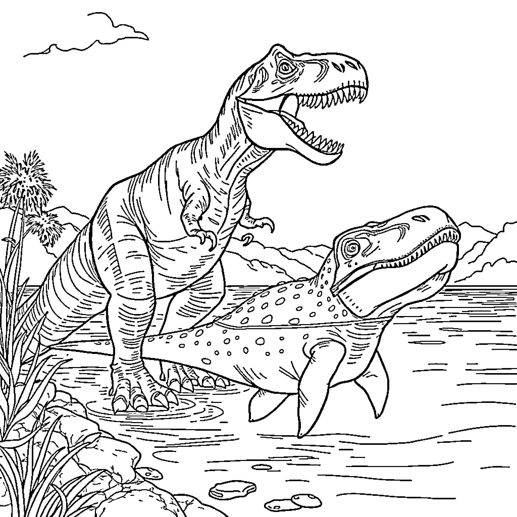 Dino Dinosaurs Battling in Prehistoric Landscape Coloring Page (free black-and-white line drawing printable PDF for all, from beginners to advanced learners, including children, teens, adults, and seniors)