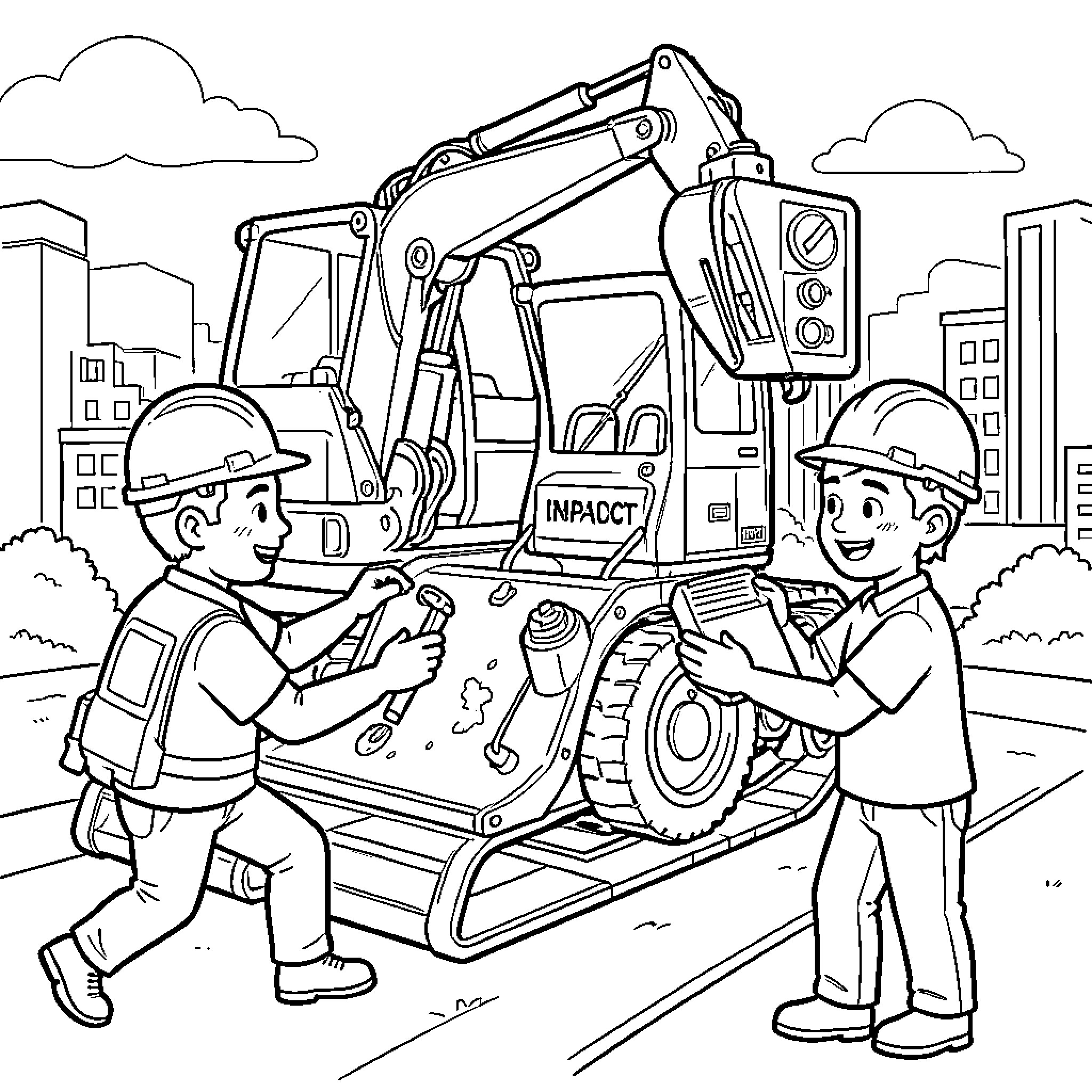 Impact Unit Construction Workers Repairing Machinery Coloring Page (free black-and-white line drawing printable PDF for all, from beginners to advanced learners, including children, teens, adults, and seniors)
