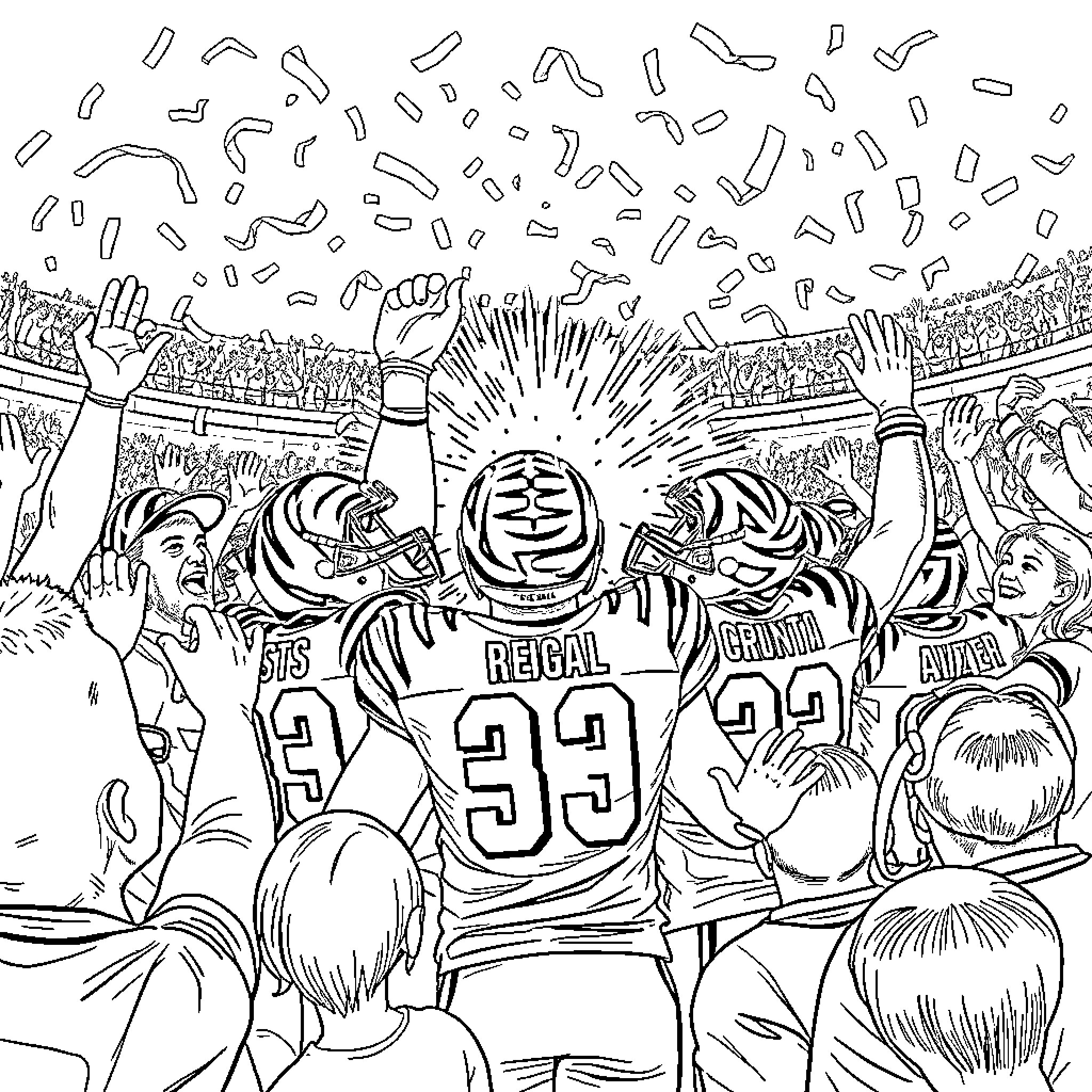 Cincinnati Bengals players celebrate on the field Coloring Page (free black-and-white line drawing printable PDF for all, from beginners to advanced learners, including children, teens, adults, and seniors)