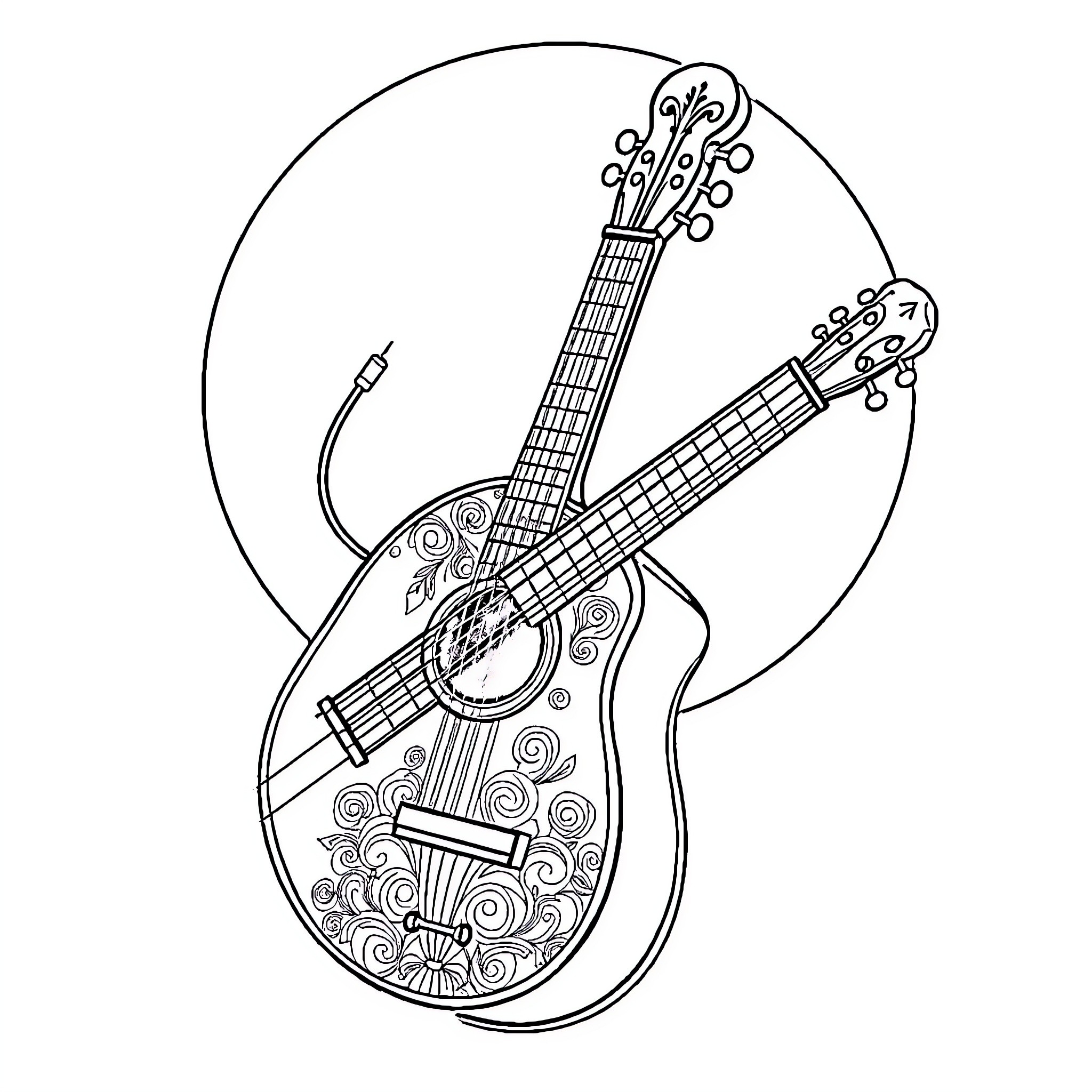 Vaïna's Intricate Guitar Duo Coloring Page (free black-and-white line drawing printable PDF for all, from beginners to advanced learners, including children, teens, adults, and seniors)