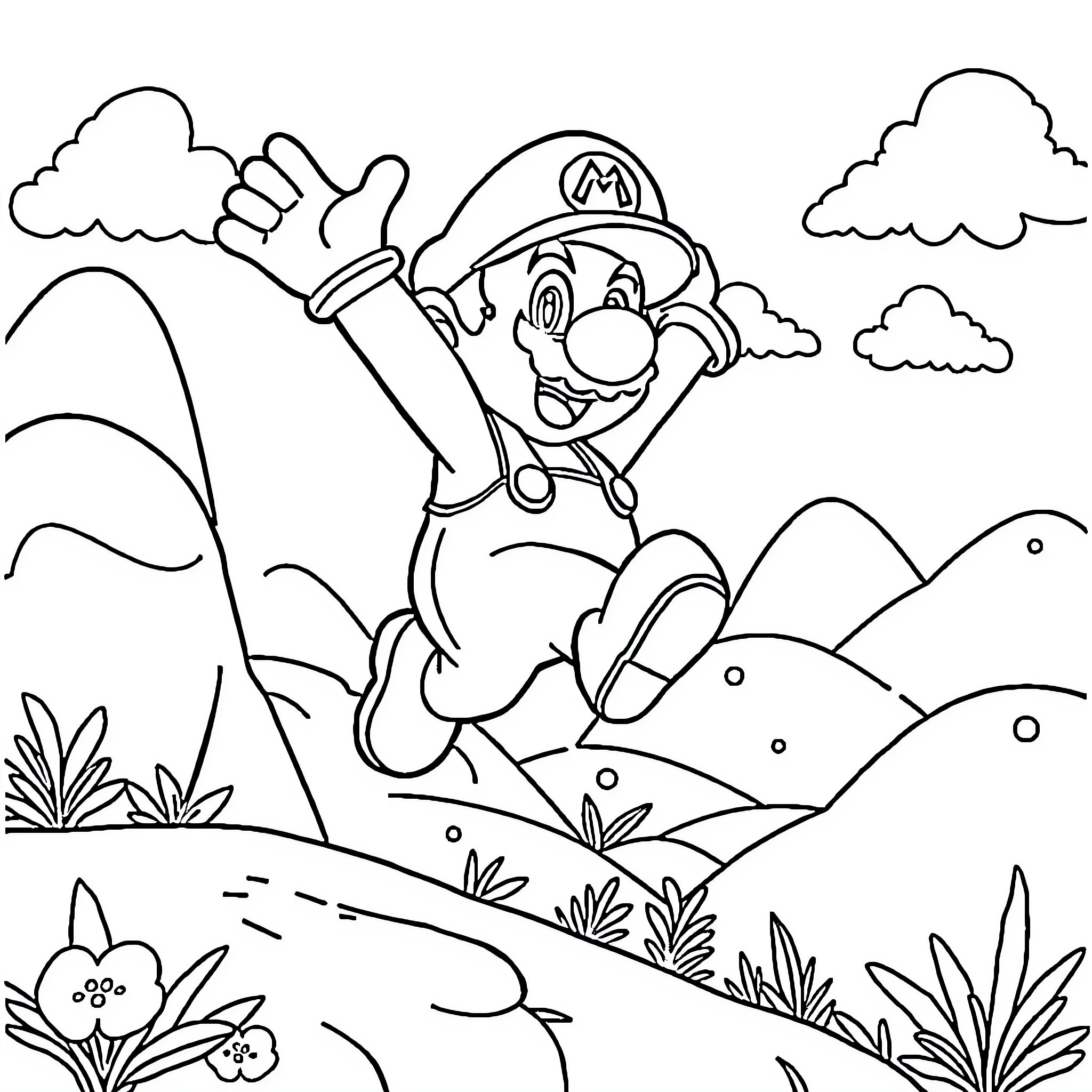 Super Mario jumping happily in the countryside Coloring Page (free black-and-white line drawing printable PDF for all, from beginners to advanced learners, including children, teens, adults, and seniors)