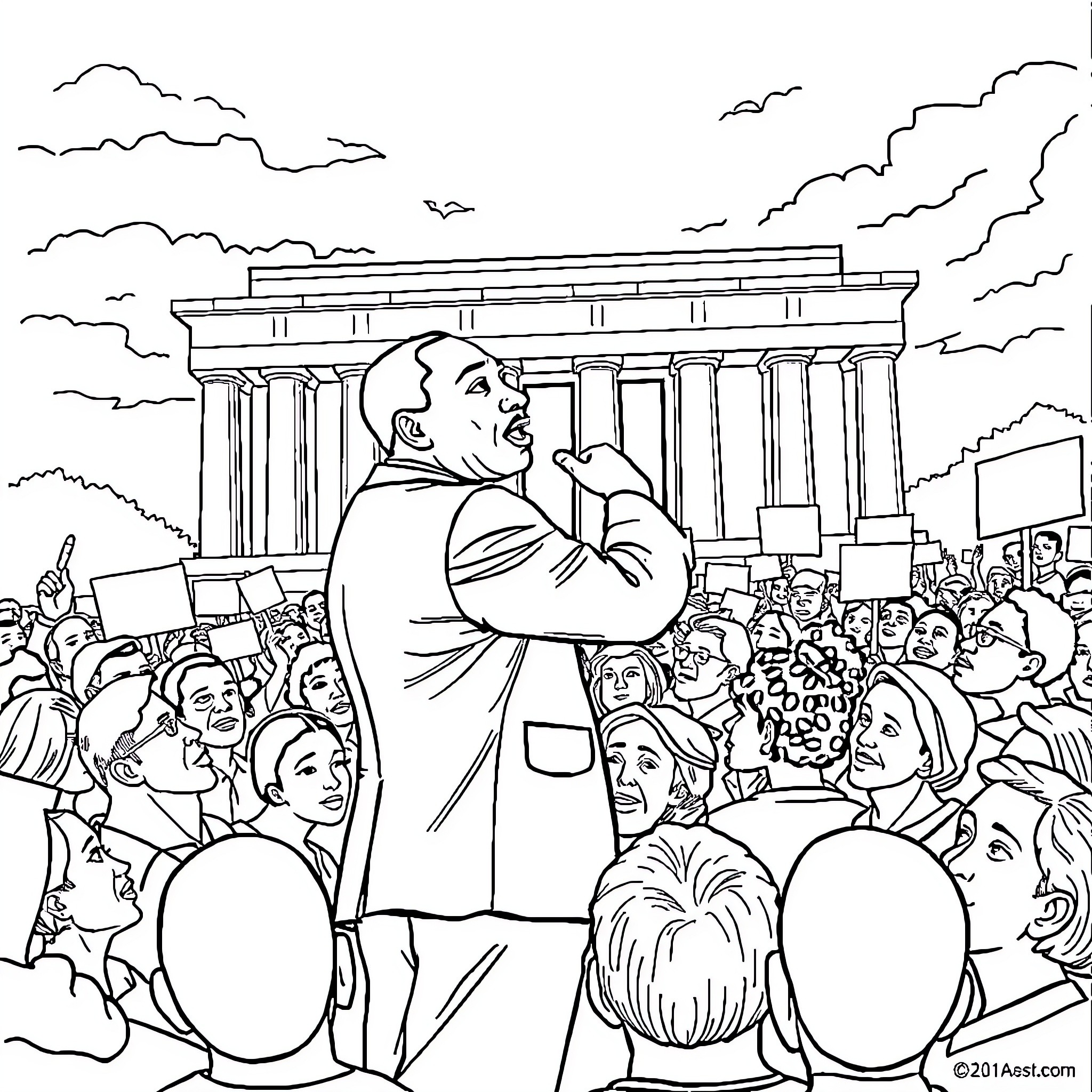 MLK JR Addressing a Crowd in Front of a Historic Building Coloring Page (free black-and-white line drawing printable PDF for all, from beginners to advanced learners, including children, teens, adults, and seniors)