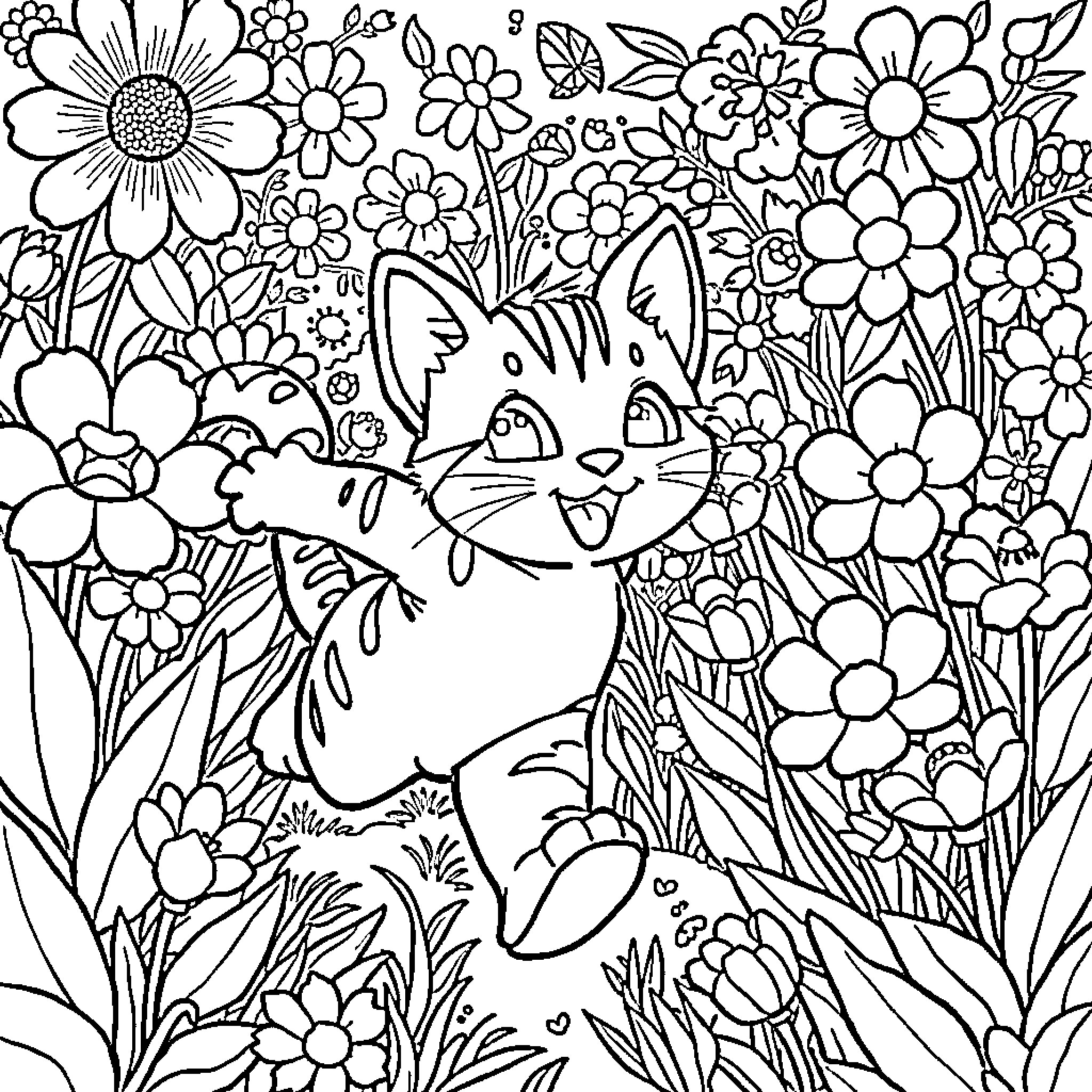 Sprigatito frolicking in a vibrant floral field Coloring Page (free black-and-white line drawing printable PDF for all, from beginners to advanced learners, including children, teens, adults, and seniors)