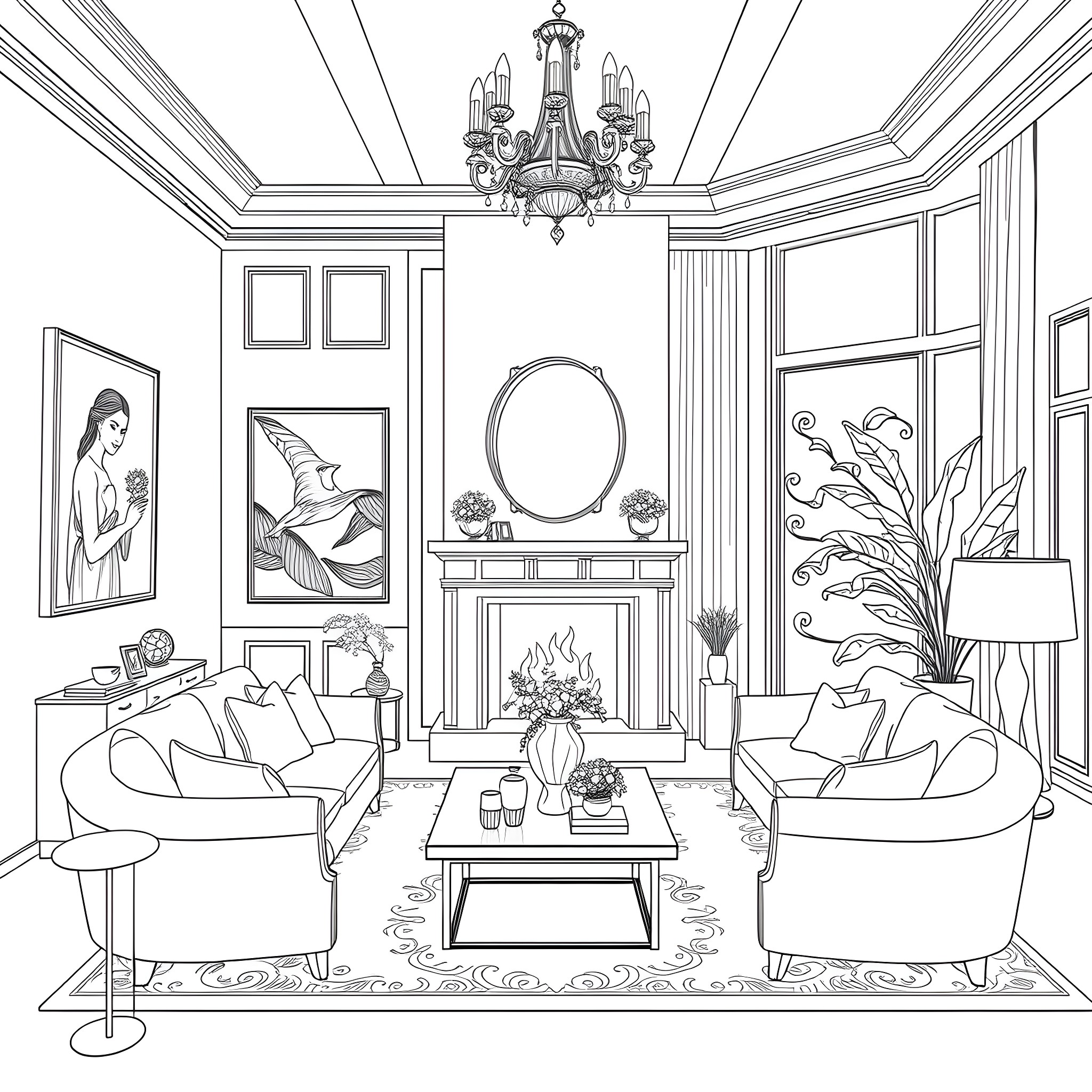 Interior of a Cozy and Elegant Living Room Coloring Page (free black-and-white line drawing printable PDF for all, from beginners to advanced learners, including children, teens, adults, and seniors)