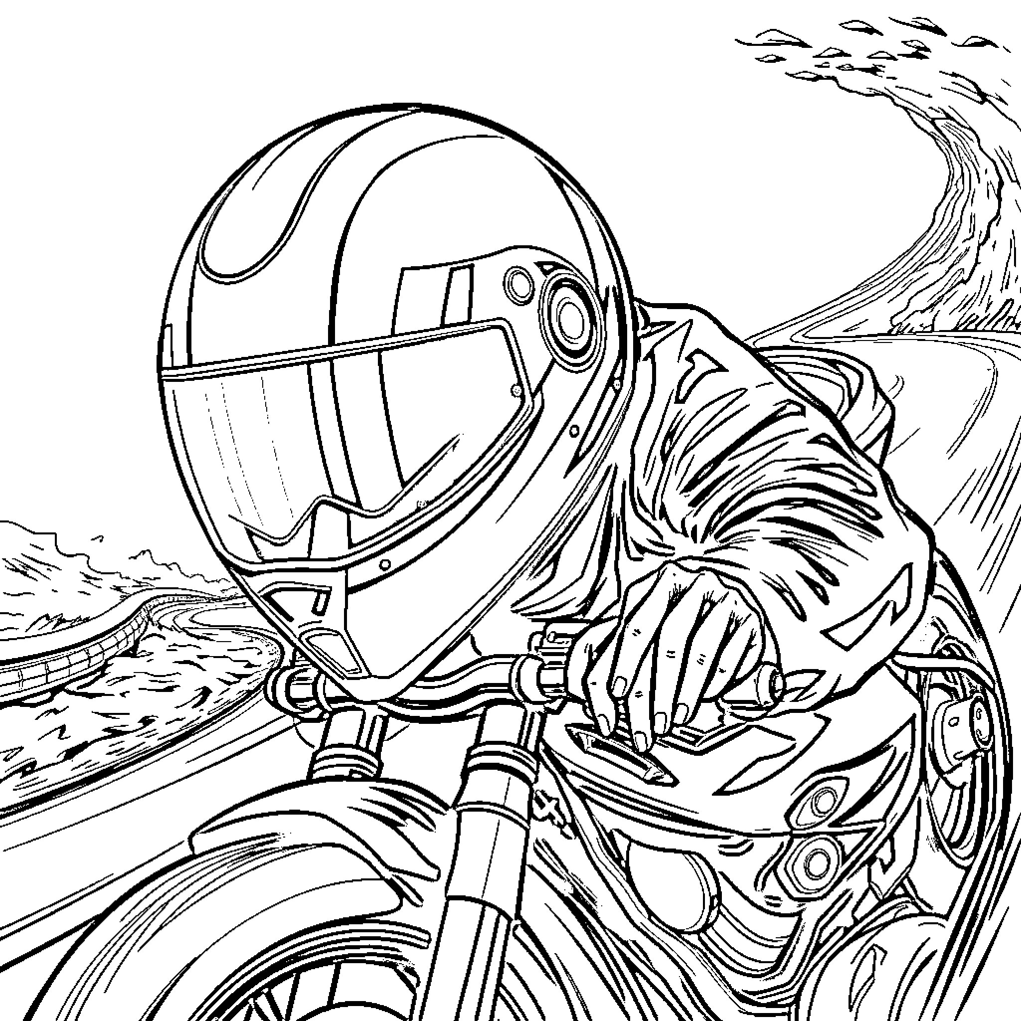 Racer speeding down the road with wind in their face Coloring Page (free black-and-white line drawing printable PDF for all, from beginners to advanced learners, including children, teens, adults, and seniors)