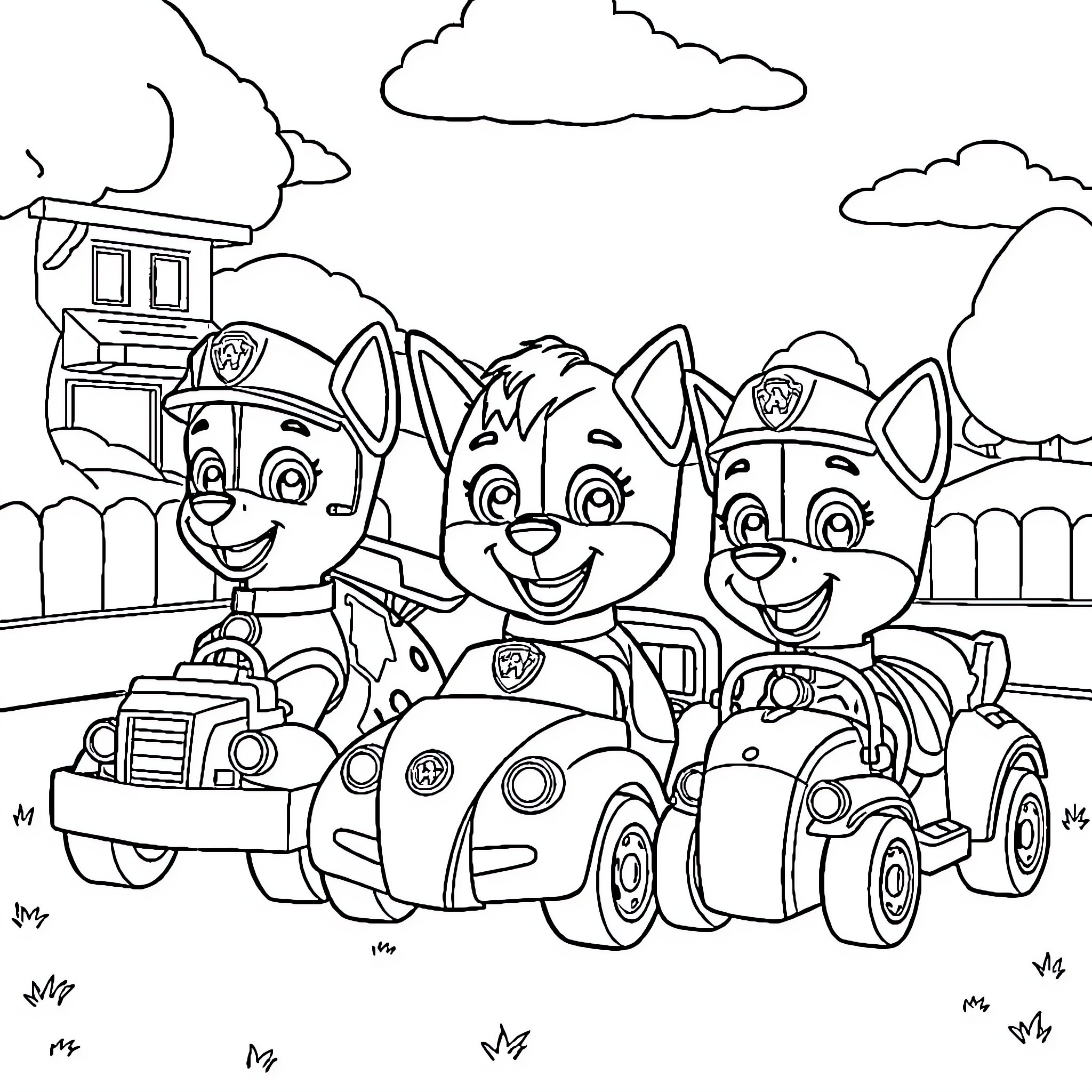 Paw Patrol on Patrol in Vehicles Coloring Page (free black-and-white line drawing printable PDF for all, from beginners to advanced learners, including children, teens, adults, and seniors)