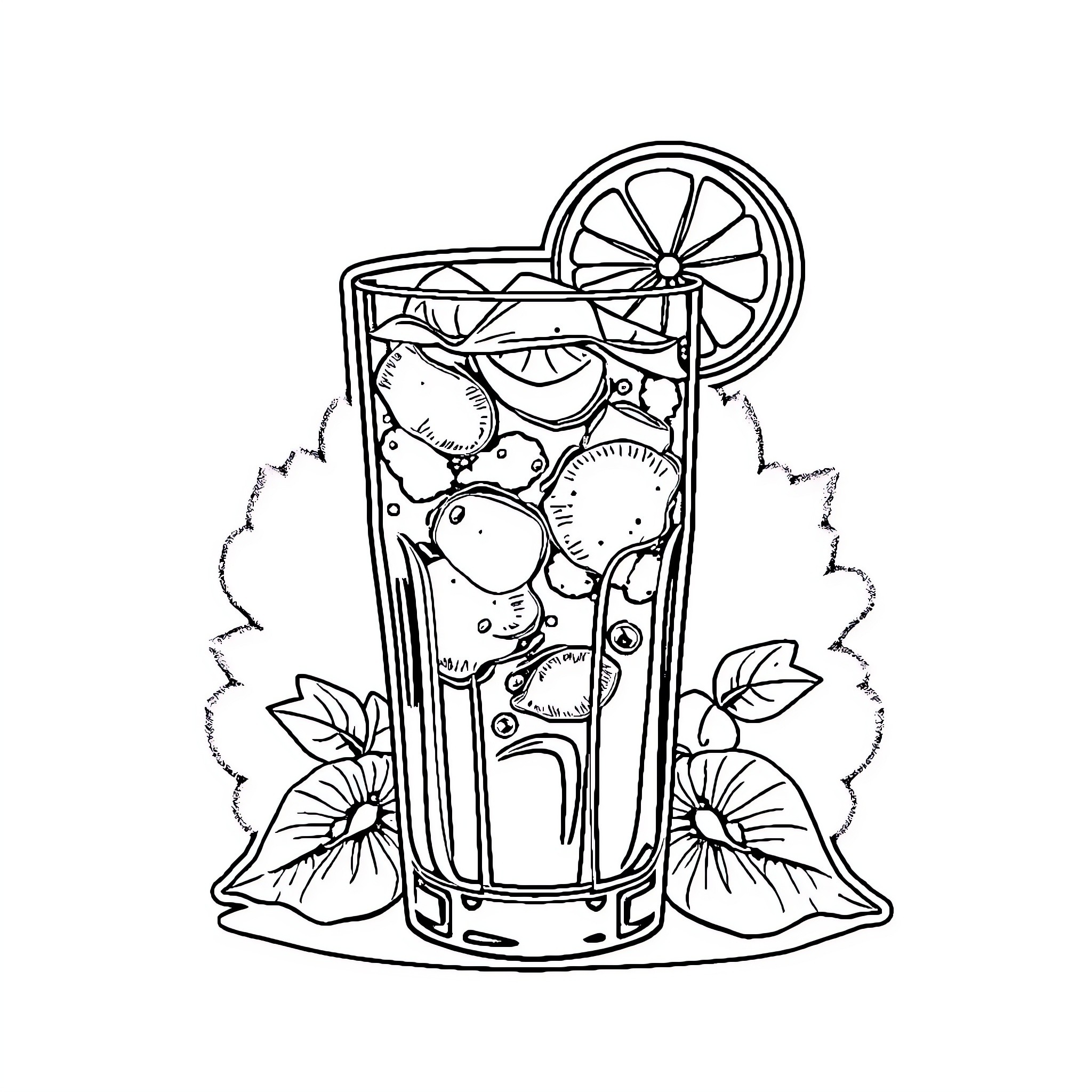 Cuba Libre: Refreshing Beverage with Lively Garnishes Coloring Page (free black-and-white line drawing printable PDF for all, from beginners to advanced learners, including children, teens, adults, and seniors)