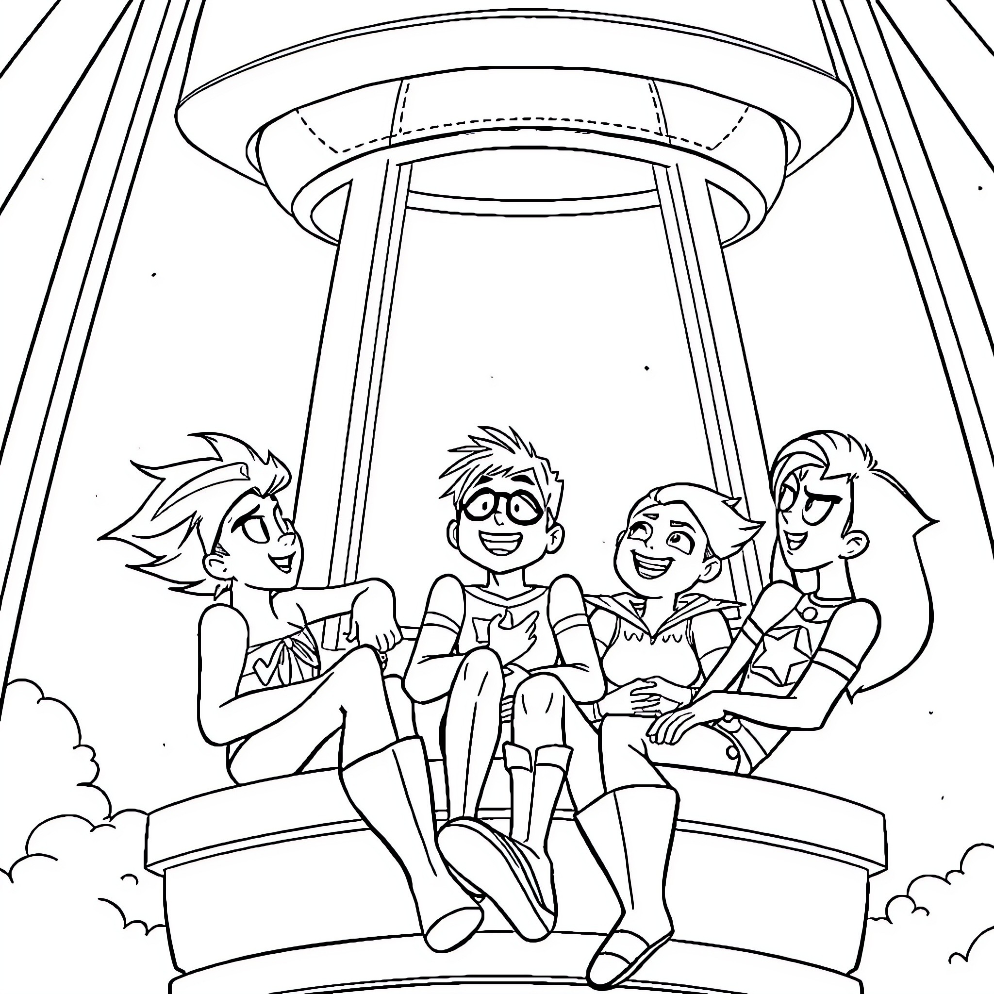 Teen Titans relaxing on a levitating platform Coloring Page (free black-and-white line drawing printable PDF for all, from beginners to advanced learners, including children, teens, adults, and seniors)