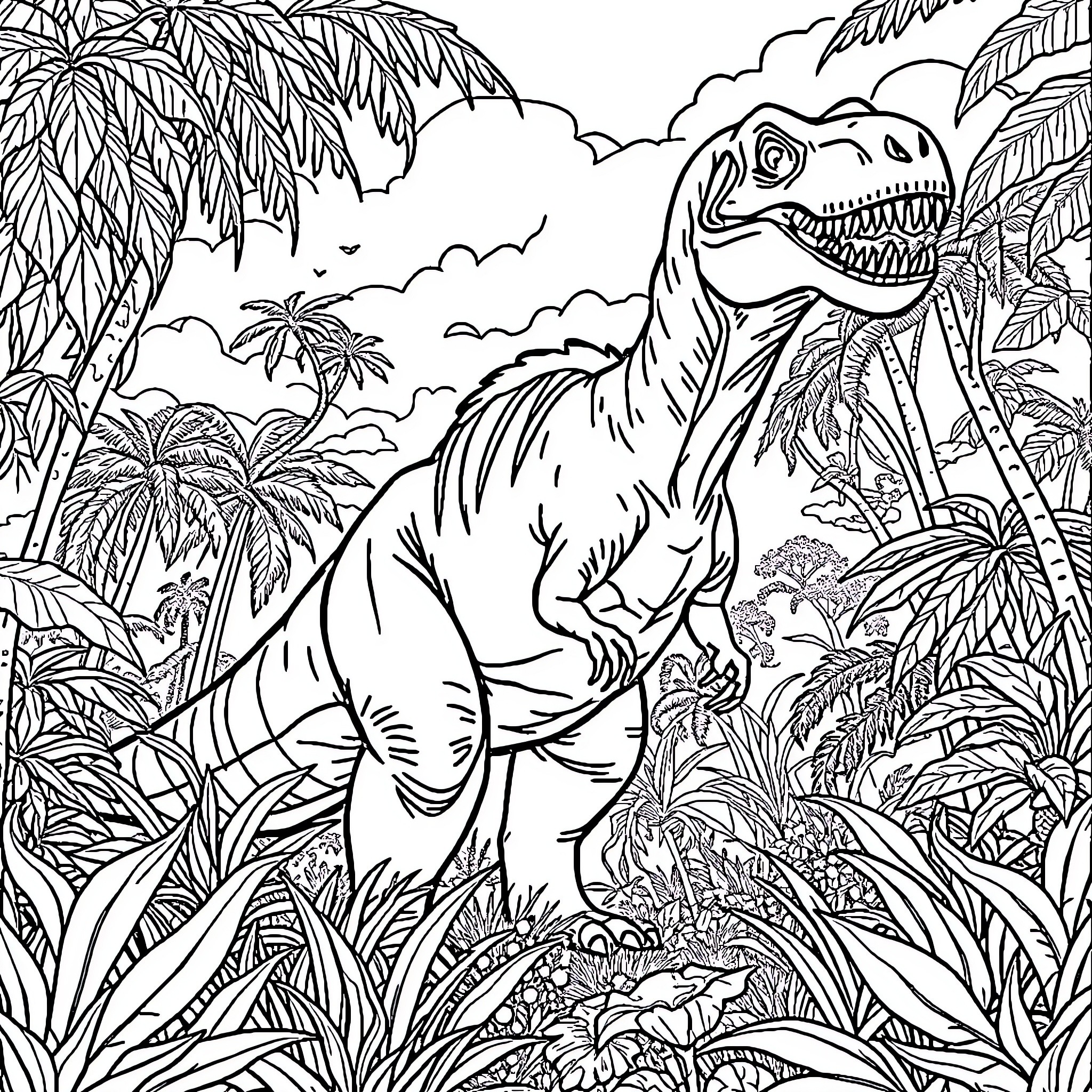 Dinosaur roaming through lush jungle landscape Coloring Page (free black-and-white line drawing printable PDF for all, from beginners to advanced learners, including children, teens, adults, and seniors)