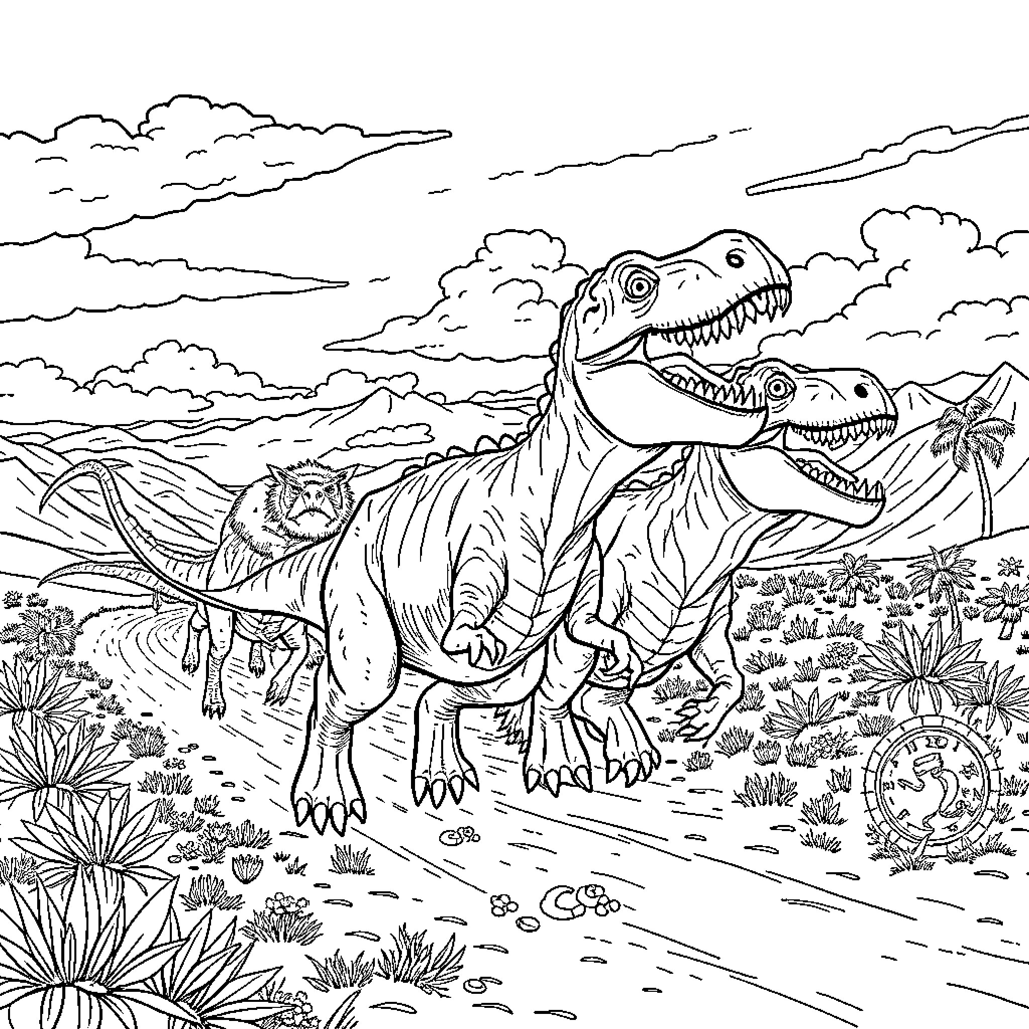 Dinosaurs Roaming the Prehistoric Landscape Coloring Page (free black-and-white line drawing printable PDF for all, from beginners to advanced learners, including children, teens, adults, and seniors)