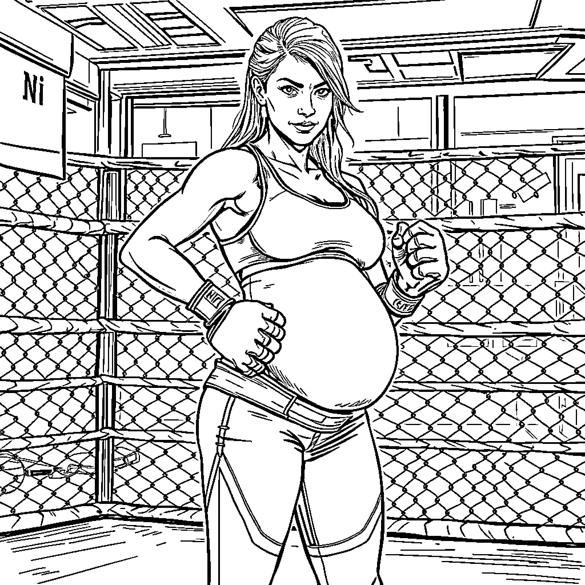 MMA Fighter Awaiting Her Next Match Coloring Page (free black-and-white line drawing printable PDF for all, from beginners to advanced learners, including children, teens, adults, and seniors)
