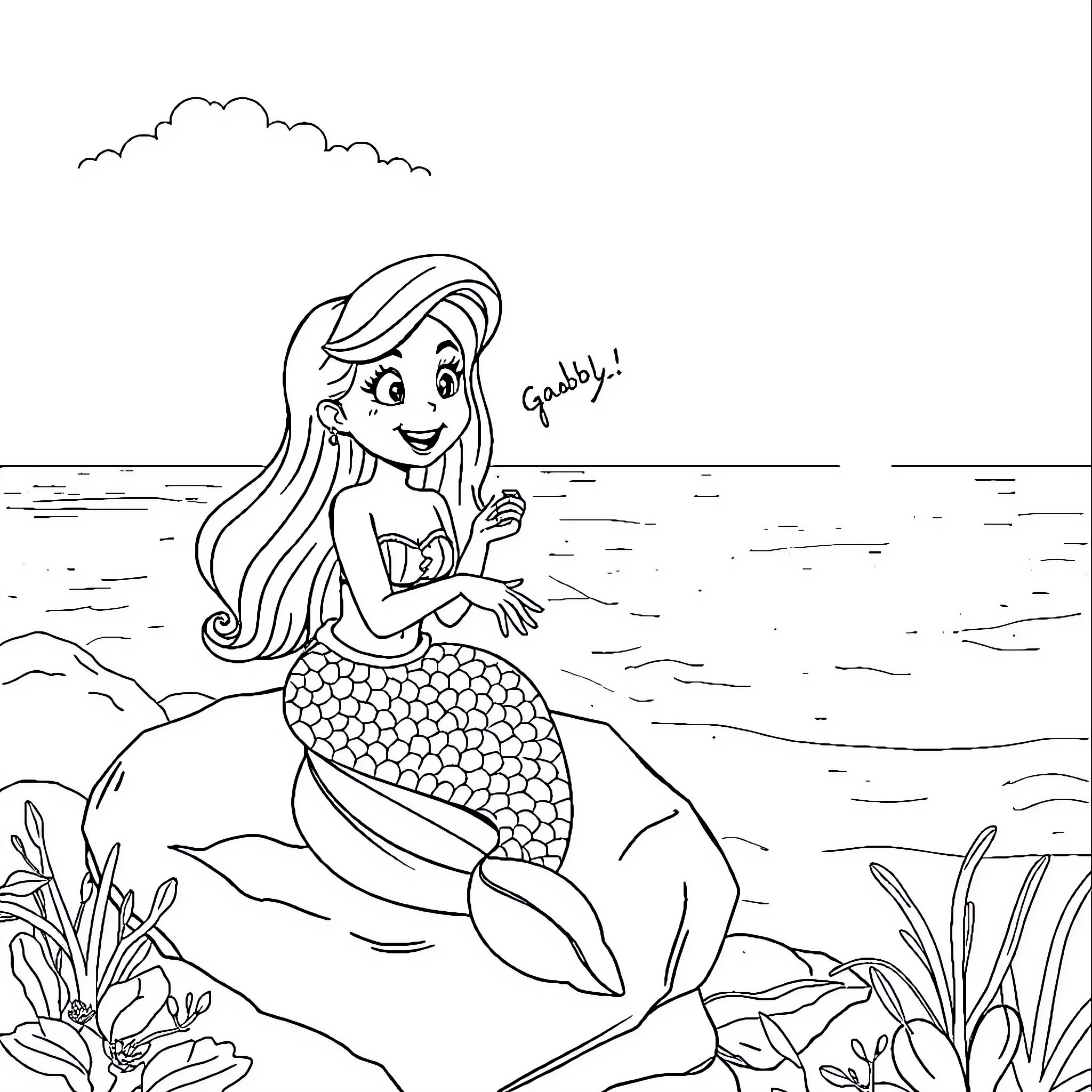 Gabby the Mermaid Exploring the Underwater World Coloring Page (free black-and-white line drawing printable PDF for all, from beginners to advanced learners, including children, teens, adults, and seniors)