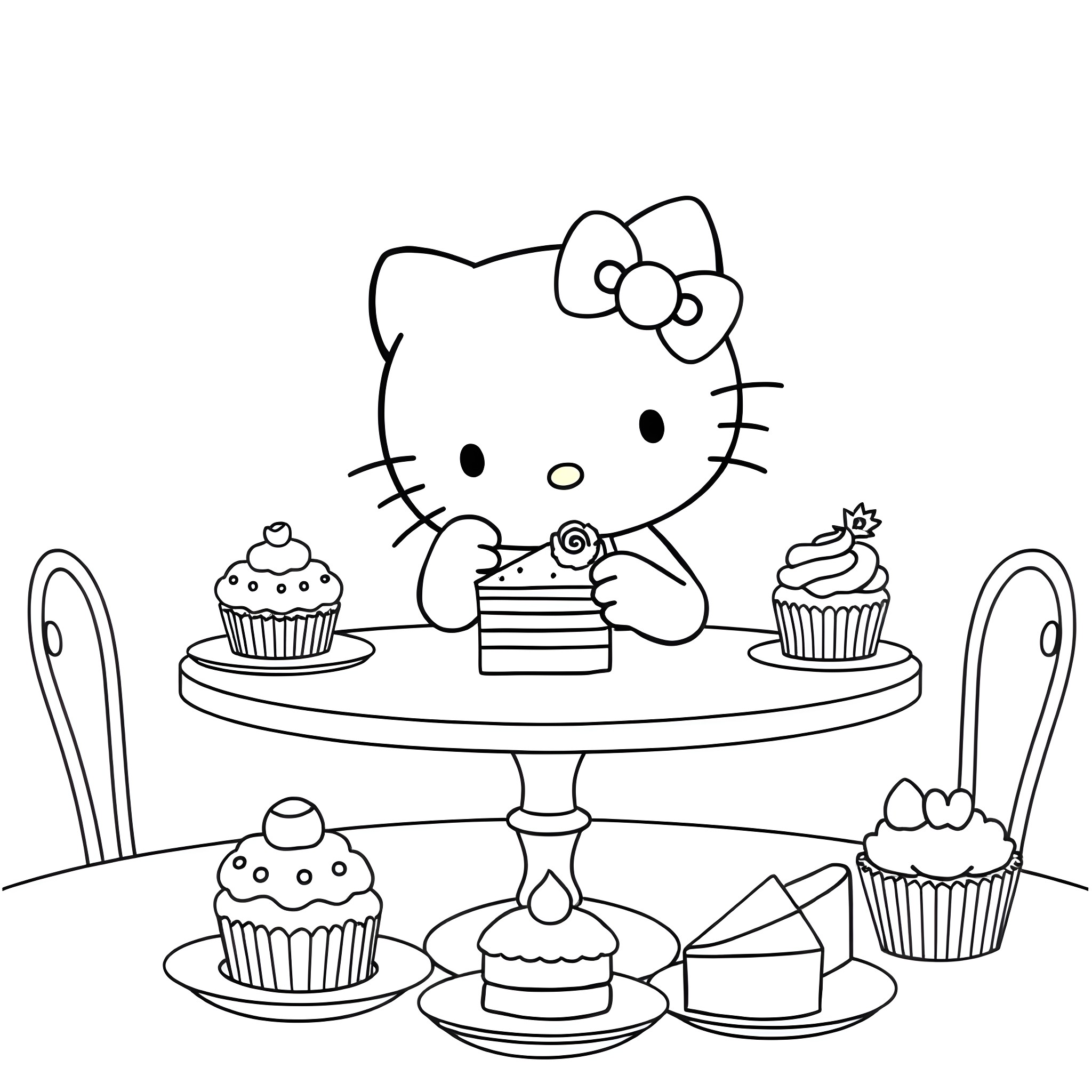 Hello Kitty enjoying cupcakes and desserts Coloring Page (free black-and-white line drawing printable PDF for all, from beginners to advanced learners, including children, teens, adults, and seniors)