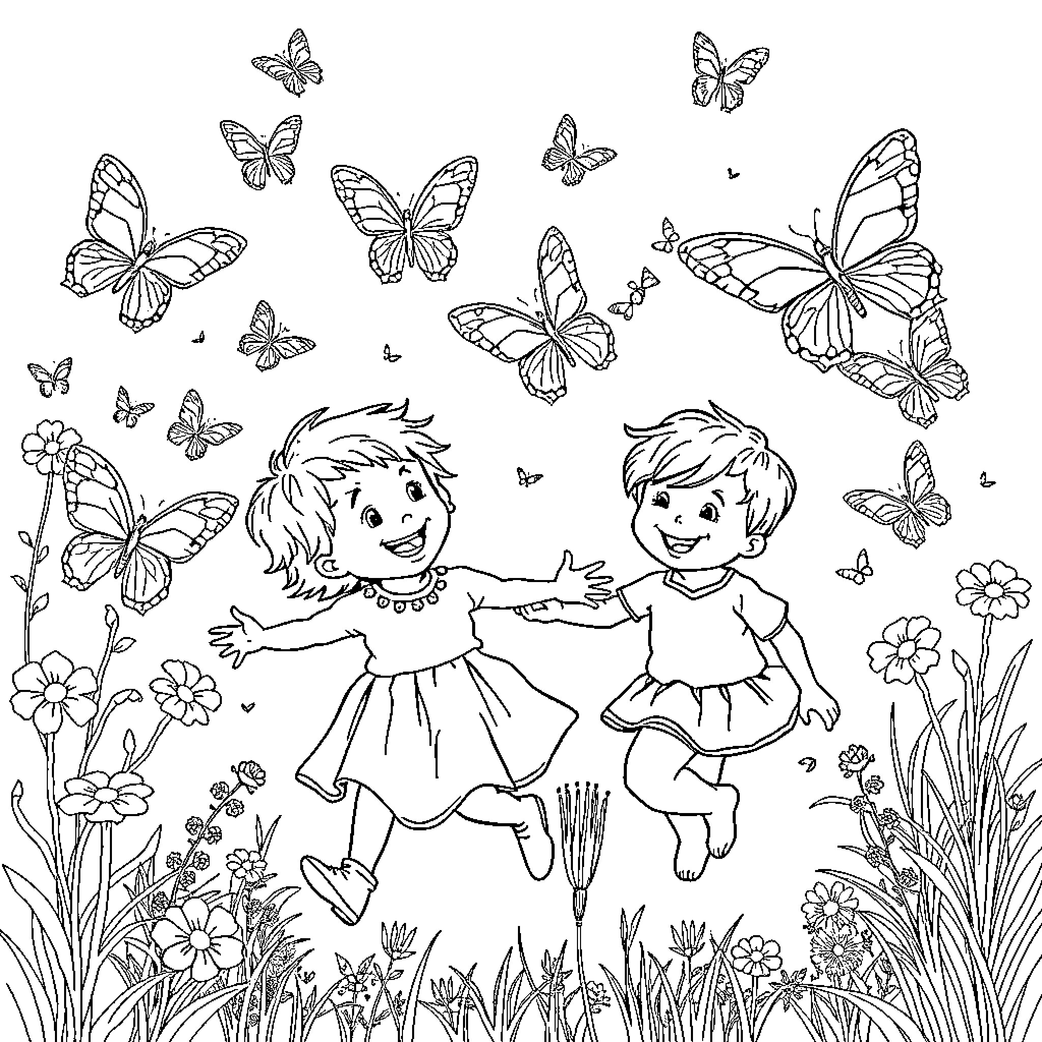 Butterfly children playing joyfully in a flower field Coloring Page (free black-and-white line drawing printable PDF for all, from beginners to advanced learners, including children, teens, adults, and seniors)