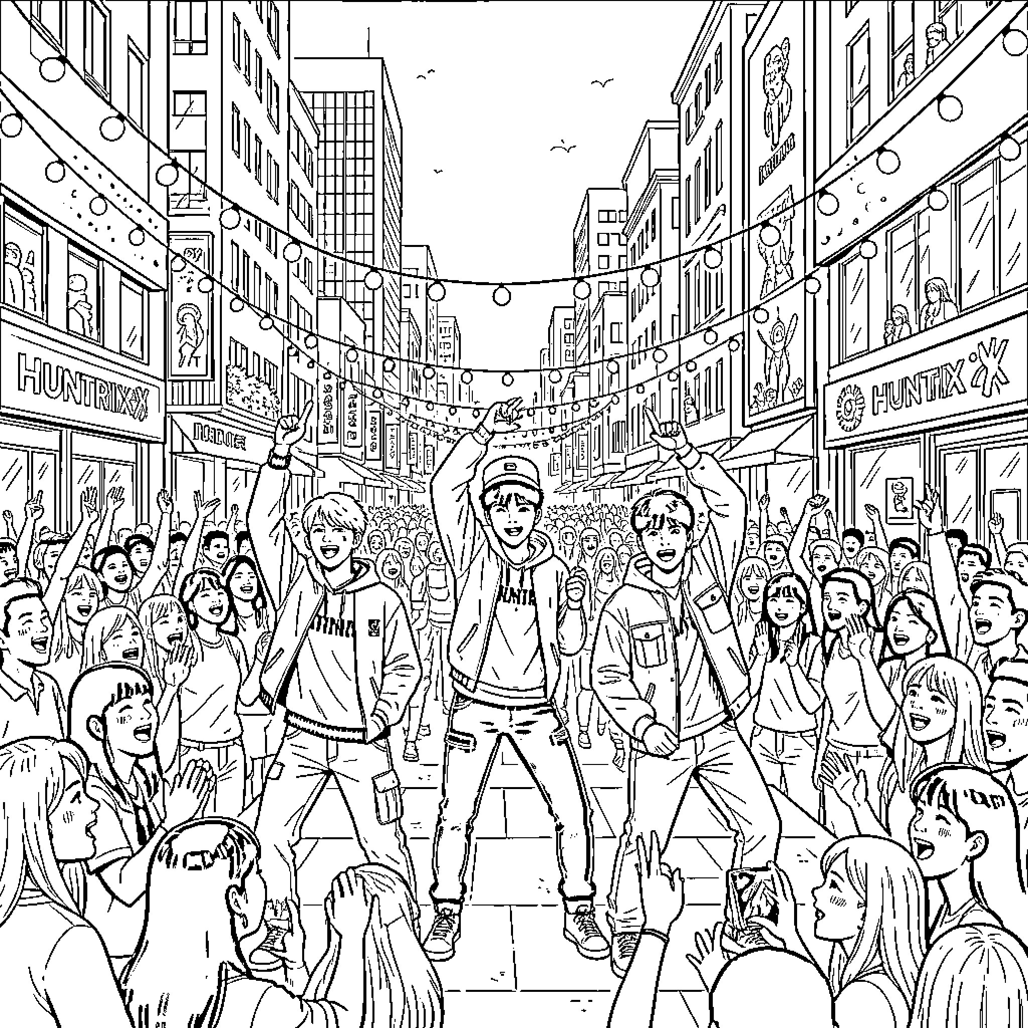 Huntrix: Lively Street Festival Celebration Coloring Page (free black-and-white line drawing printable PDF for all, from beginners to advanced learners, including children, teens, adults, and seniors)
