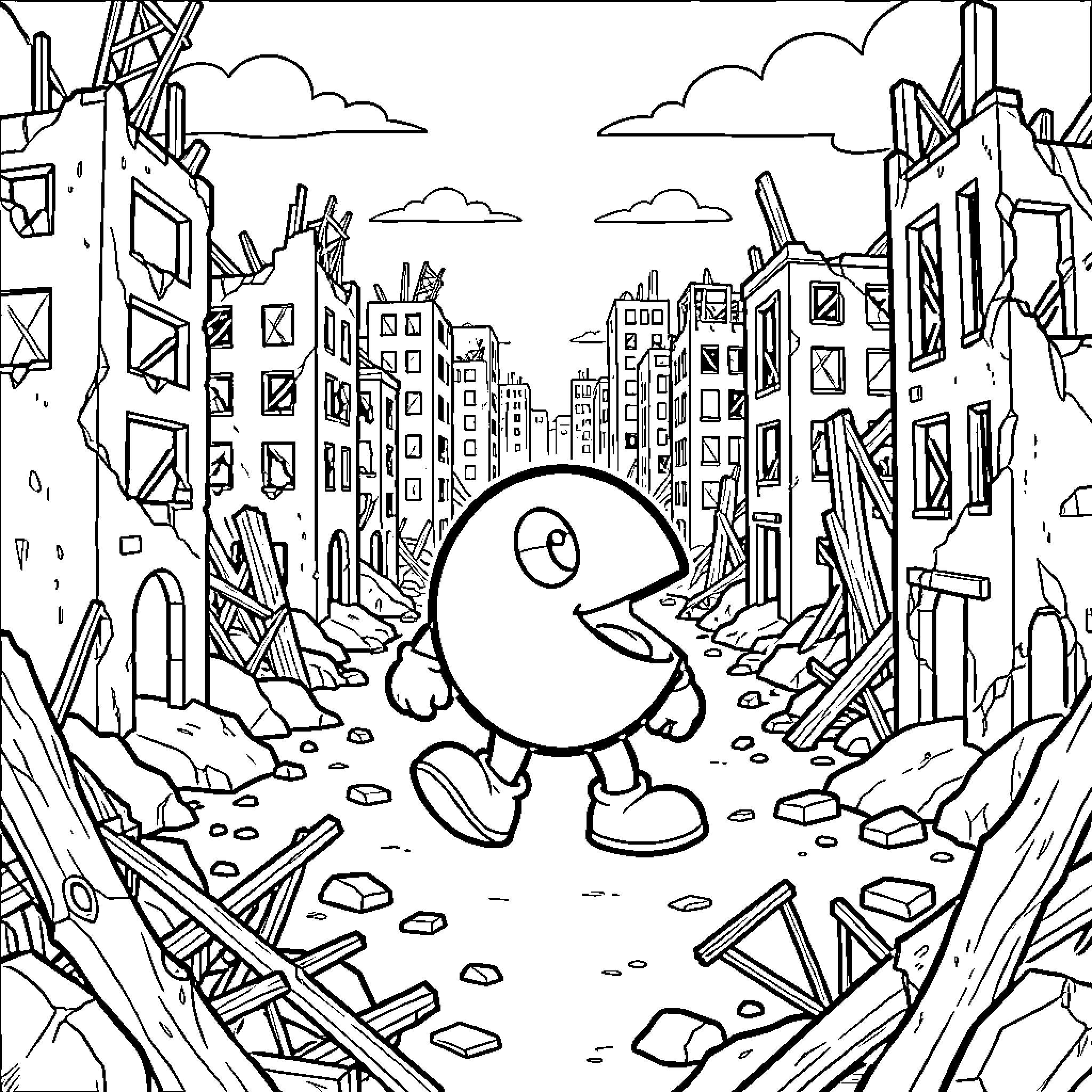 Pacman exploring post-apocalyptic city ruins Coloring Page (free black-and-white line drawing printable PDF for all, from beginners to advanced learners, including children, teens, adults, and seniors)