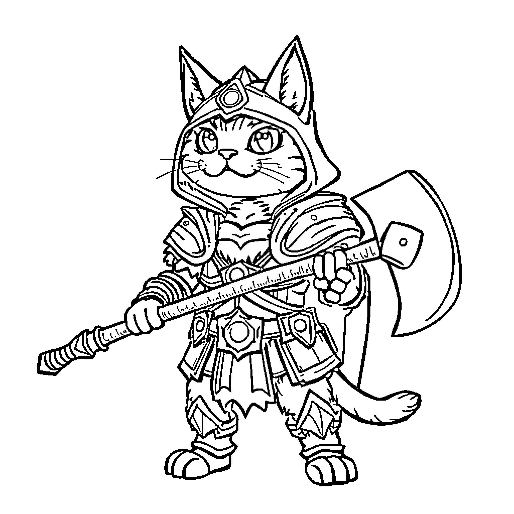 Cat warrior wielding a weapon Coloring Page (free black-and-white line drawing printable PDF for all, from beginners to advanced learners, including children, teens, adults, and seniors)