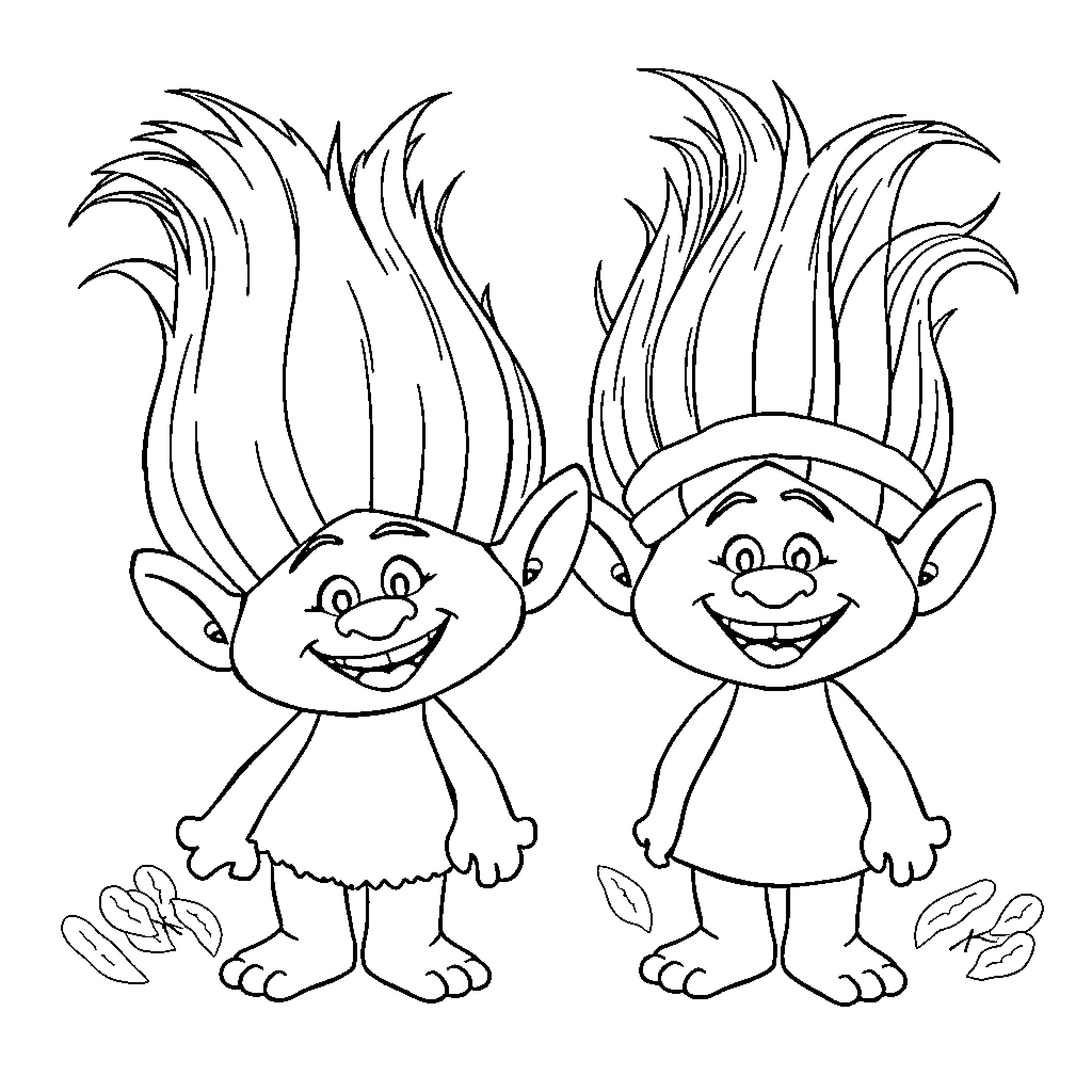 Poppy Trolls Happily Smiling Coloring Page (free black-and-white line drawing printable PDF for all, from beginners to advanced learners, including children, teens, adults, and seniors)