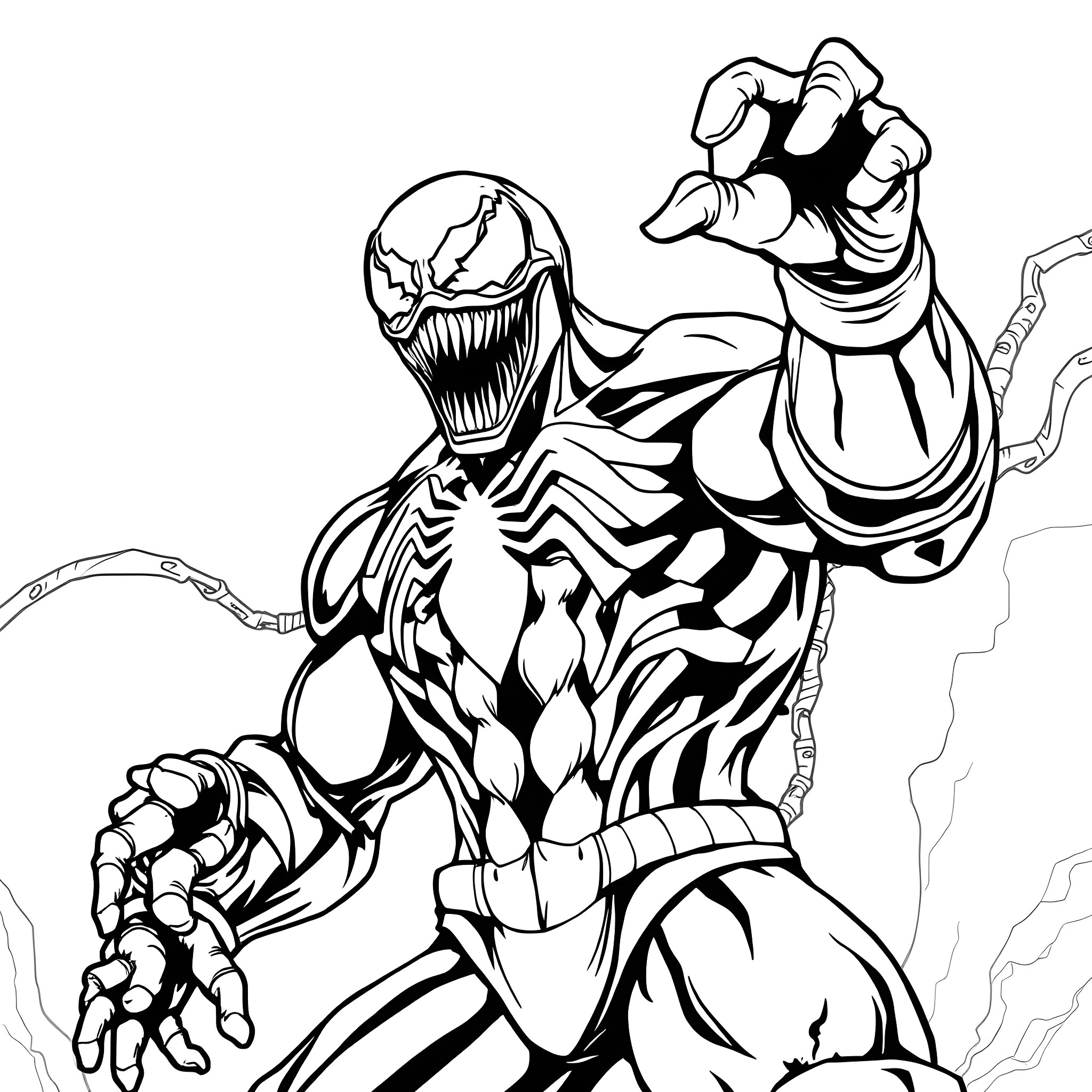 Venom, the Symbiotic Superhero in Action Coloring Page (free black-and-white line drawing printable PDF for all, from beginners to advanced learners, including children, teens, adults, and seniors)