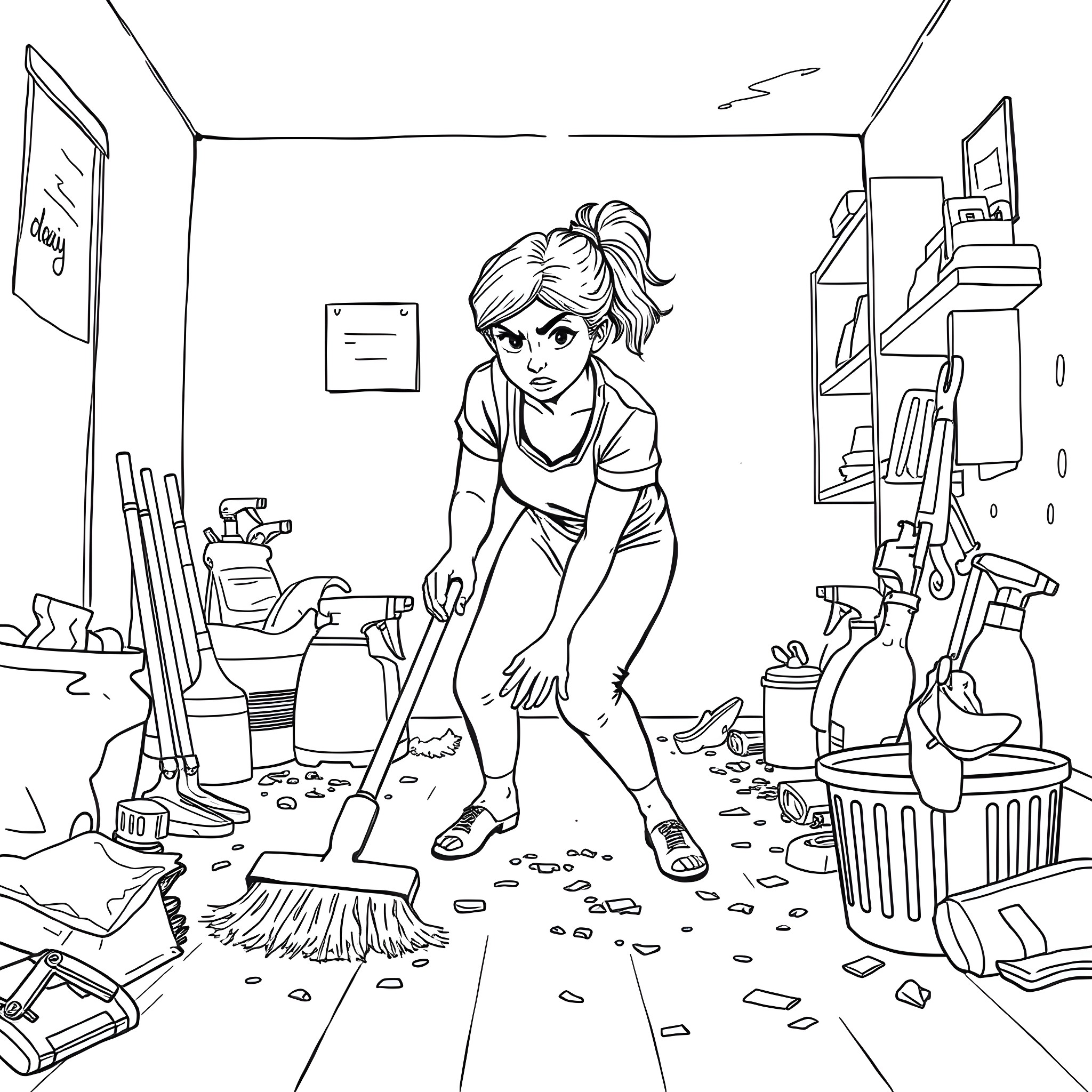 Woman cleaning a messy room with cleaning supplies Coloring Page (free black-and-white line drawing printable PDF for all, from beginners to advanced learners, including children, teens, adults, and seniors)