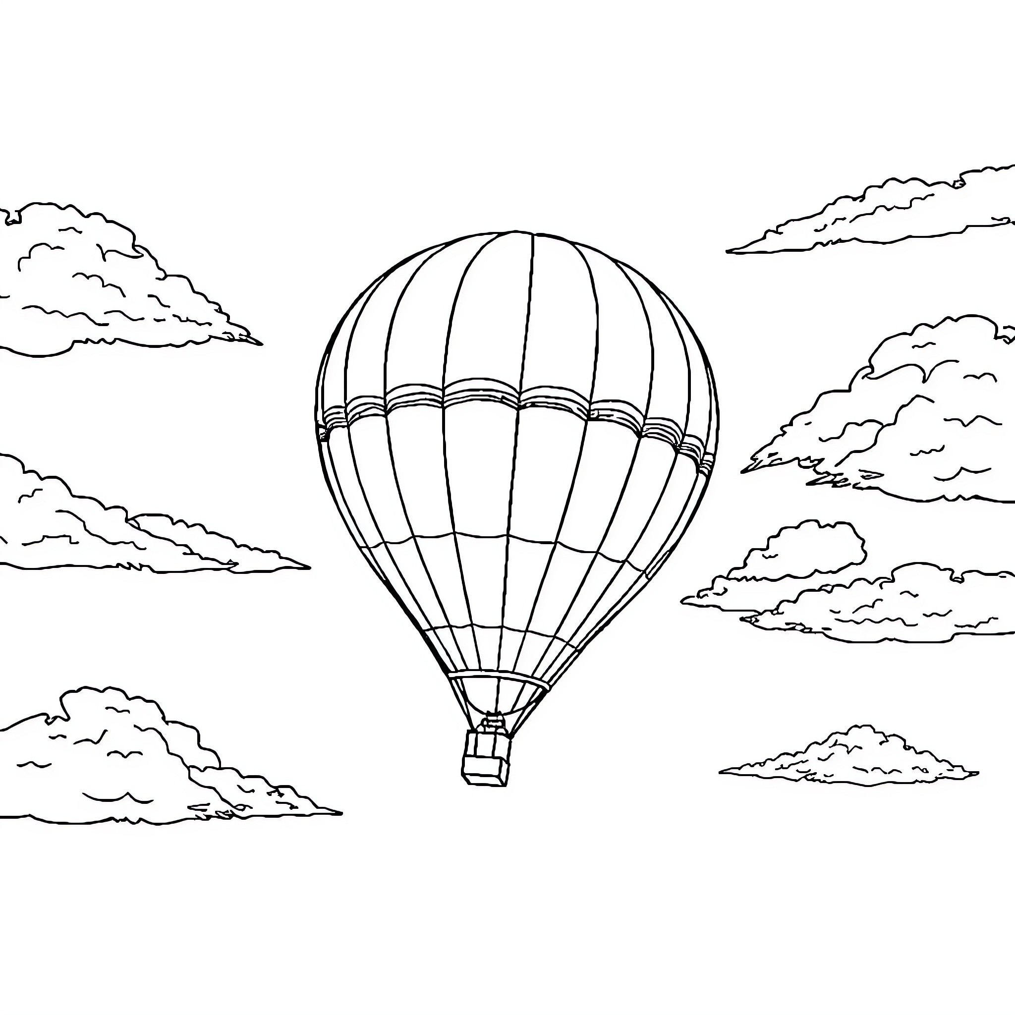 Hot Air Balloon Floating in the Cloudy Sky Coloring Page (free black-and-white line drawing printable PDF for all, from beginners to advanced learners, including children, teens, adults, and seniors)