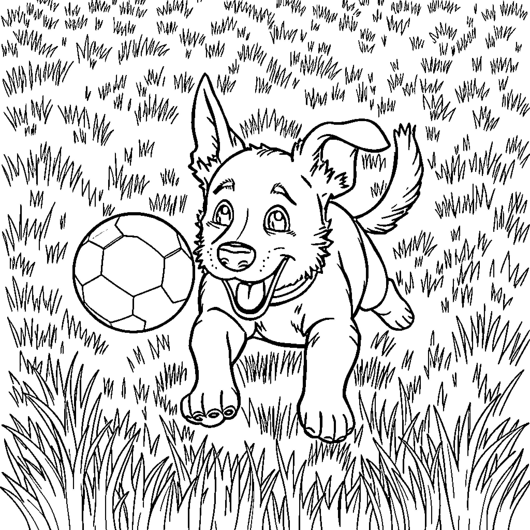 Dog playing joyfully with soccer ball in the meadow Coloring Page (free black-and-white line drawing printable PDF for all, from beginners to advanced learners, including children, teens, adults, and seniors)