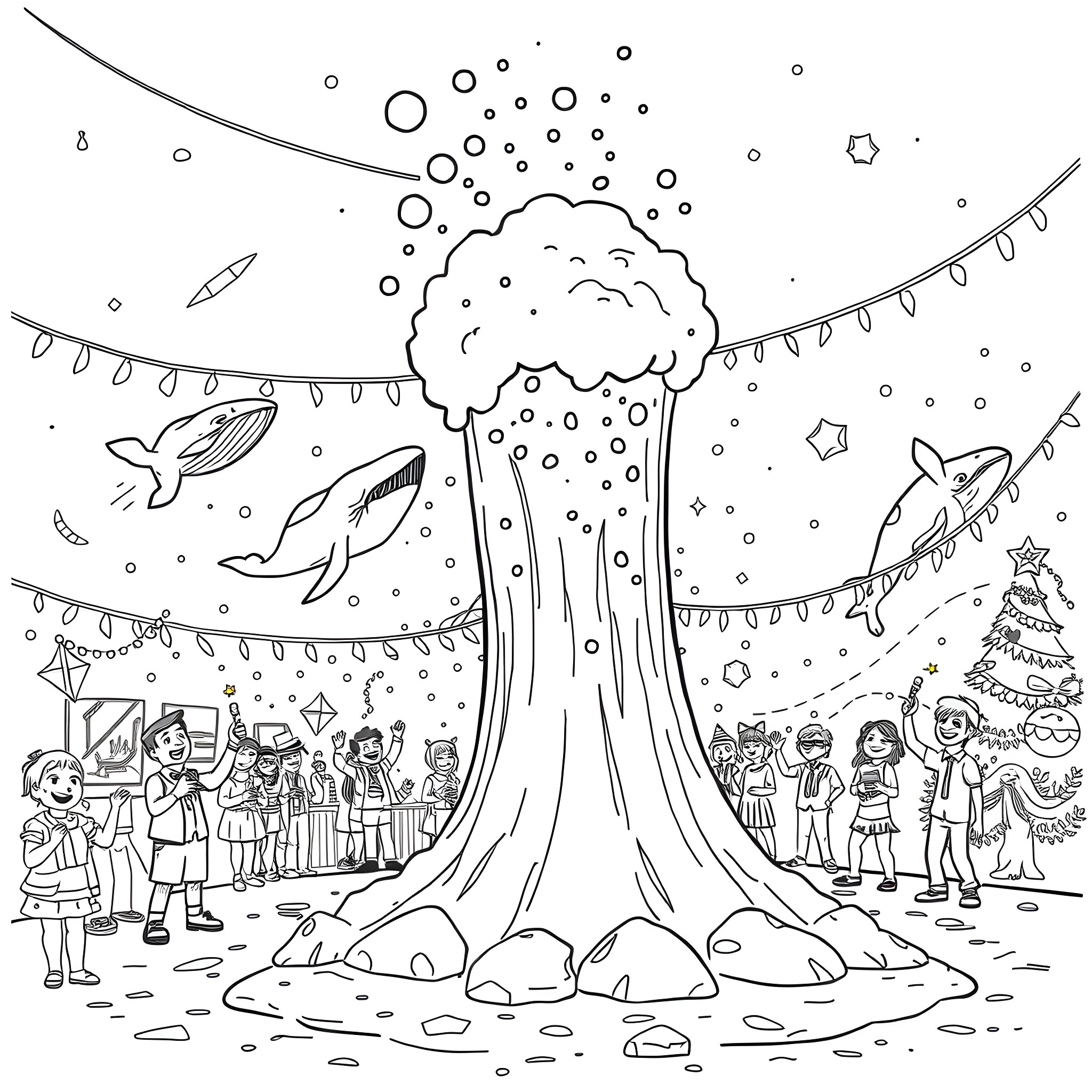 Beer Celebration in a Winter Wonderland Coloring Page (free black-and-white line drawing printable PDF for all, from beginners to advanced learners, including children, teens, adults, and seniors)
